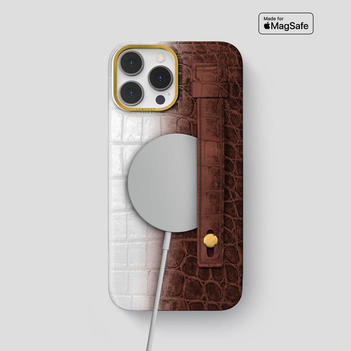 Dark Brown iPhone 15 Pro Max Hand Strap Case Himalayan Crocodile with Gold Metal -4 | Dark-Brown-Gold