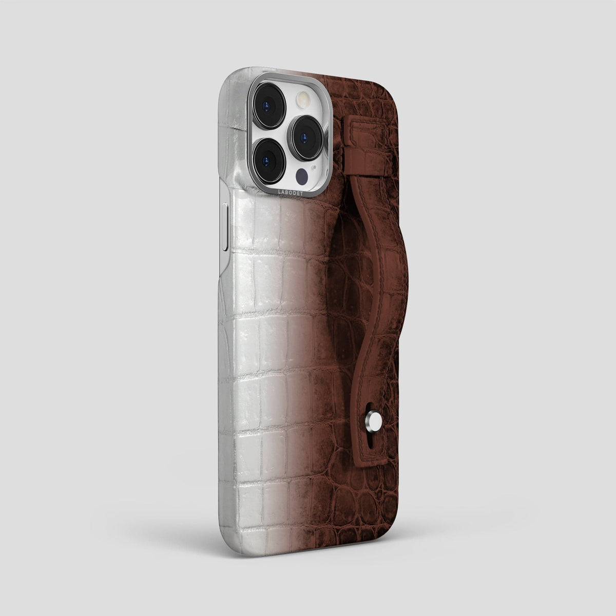 Dark Brown iPhone 15 Pro Max Hand Strap Case Himalayan Crocodile with Steel Metal -2 | Dark-Brown-Steel