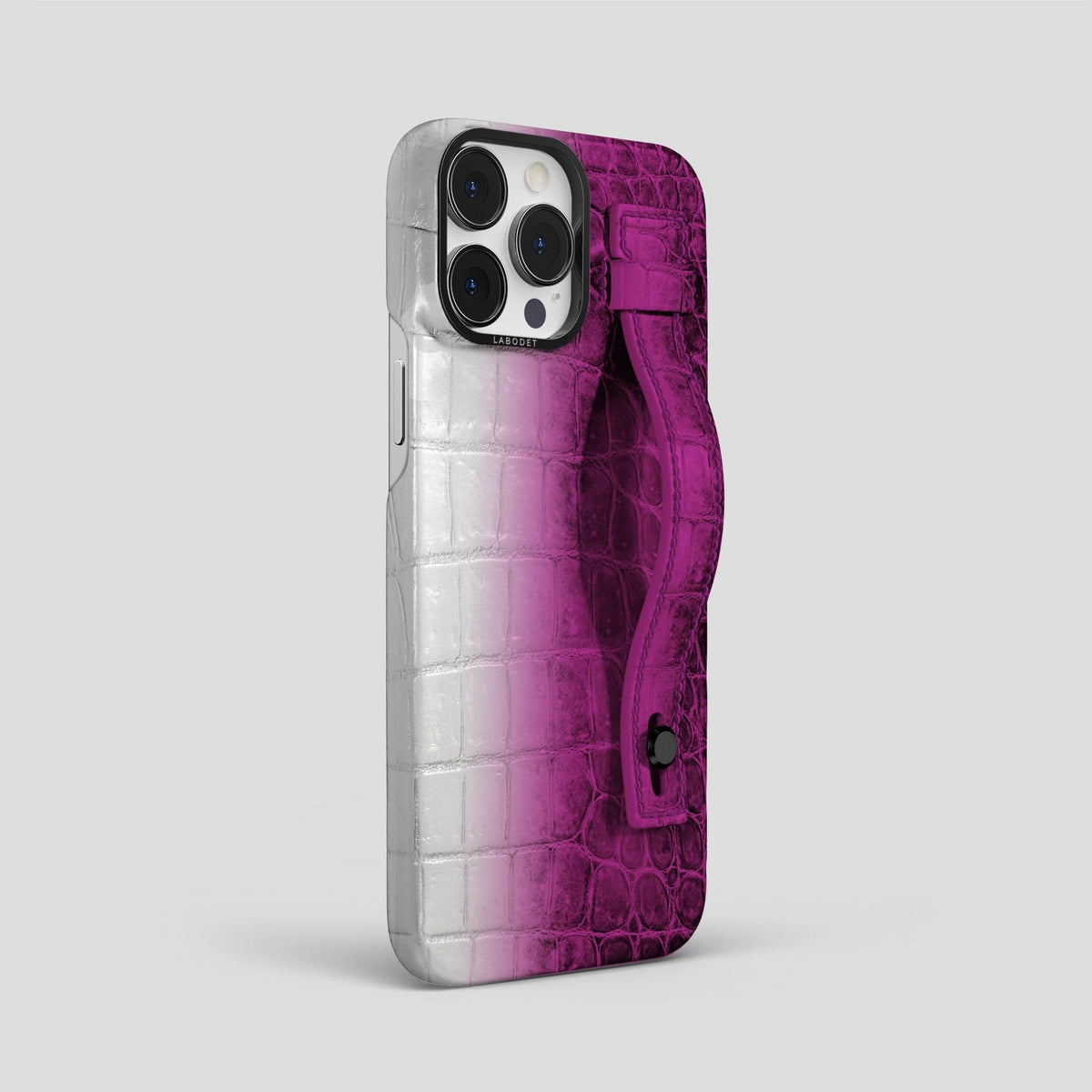 Fuchsia iPhone 15 Pro Max Hand Strap Case Himalayan Crocodile with Black Metal -2 | Fuchsia-Black