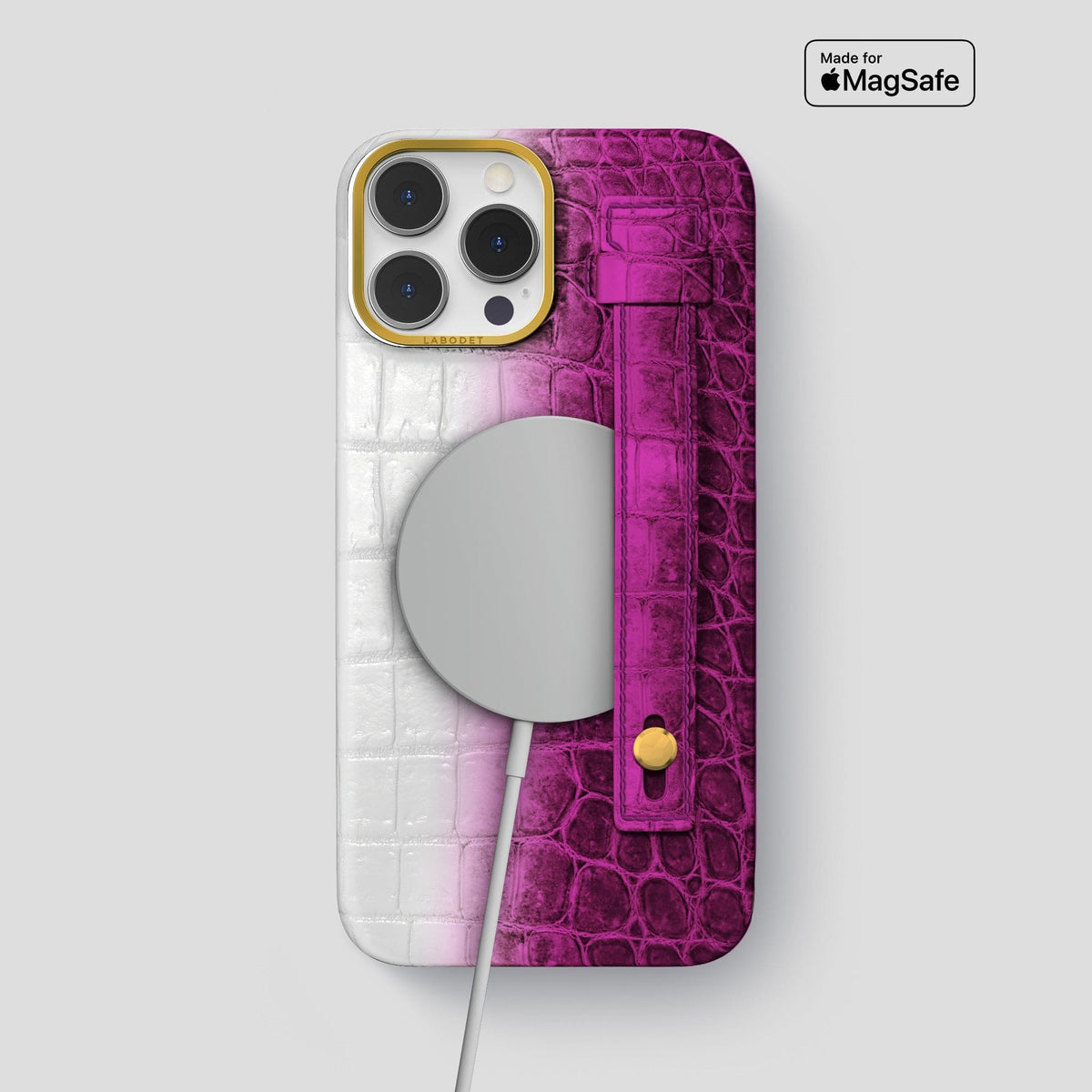 Fuchsia iPhone 15 Pro Max Hand Strap Case Himalayan Crocodile with Gold Metal -4 | Fuchsia-Gold