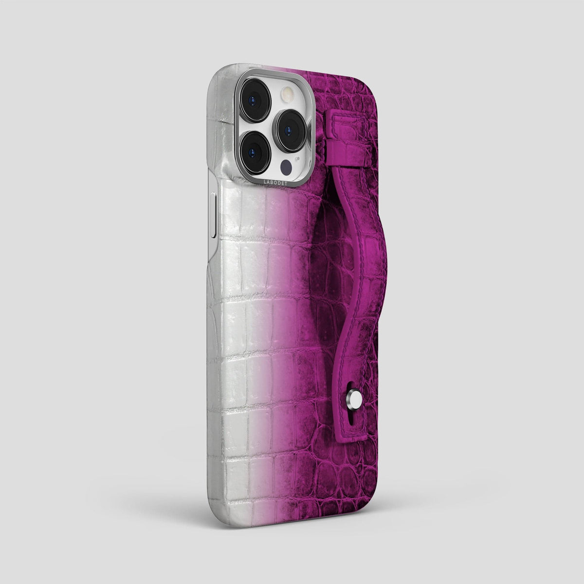 Fuchsia iPhone 15 Pro Max Hand Strap Case Himalayan Crocodile with Steel Metal -2 | Fuchsia-Steel