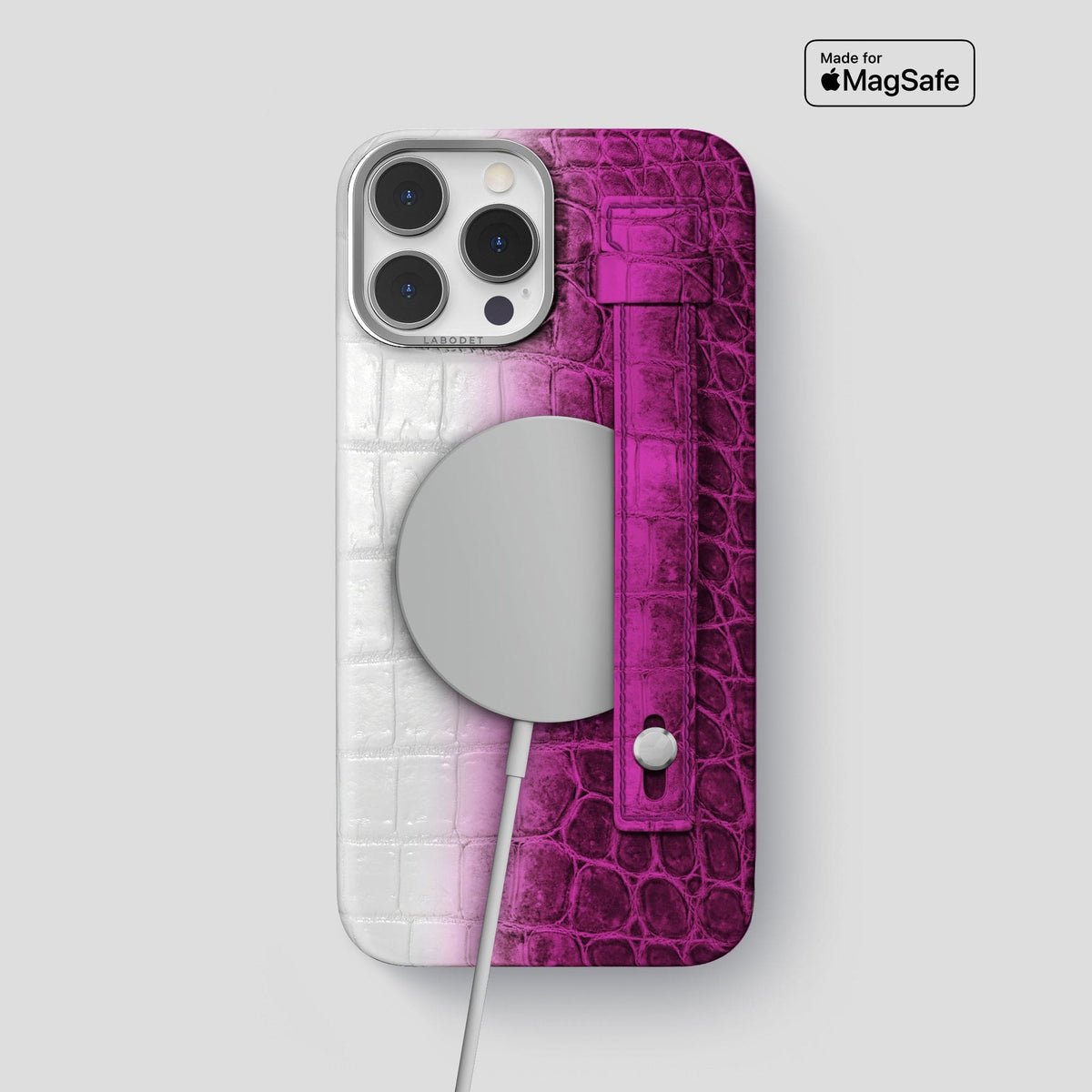 Fuchsia iPhone 15 Pro Max Hand Strap Case Himalayan Crocodile with Steel Metal -4 | Fuchsia-Steel