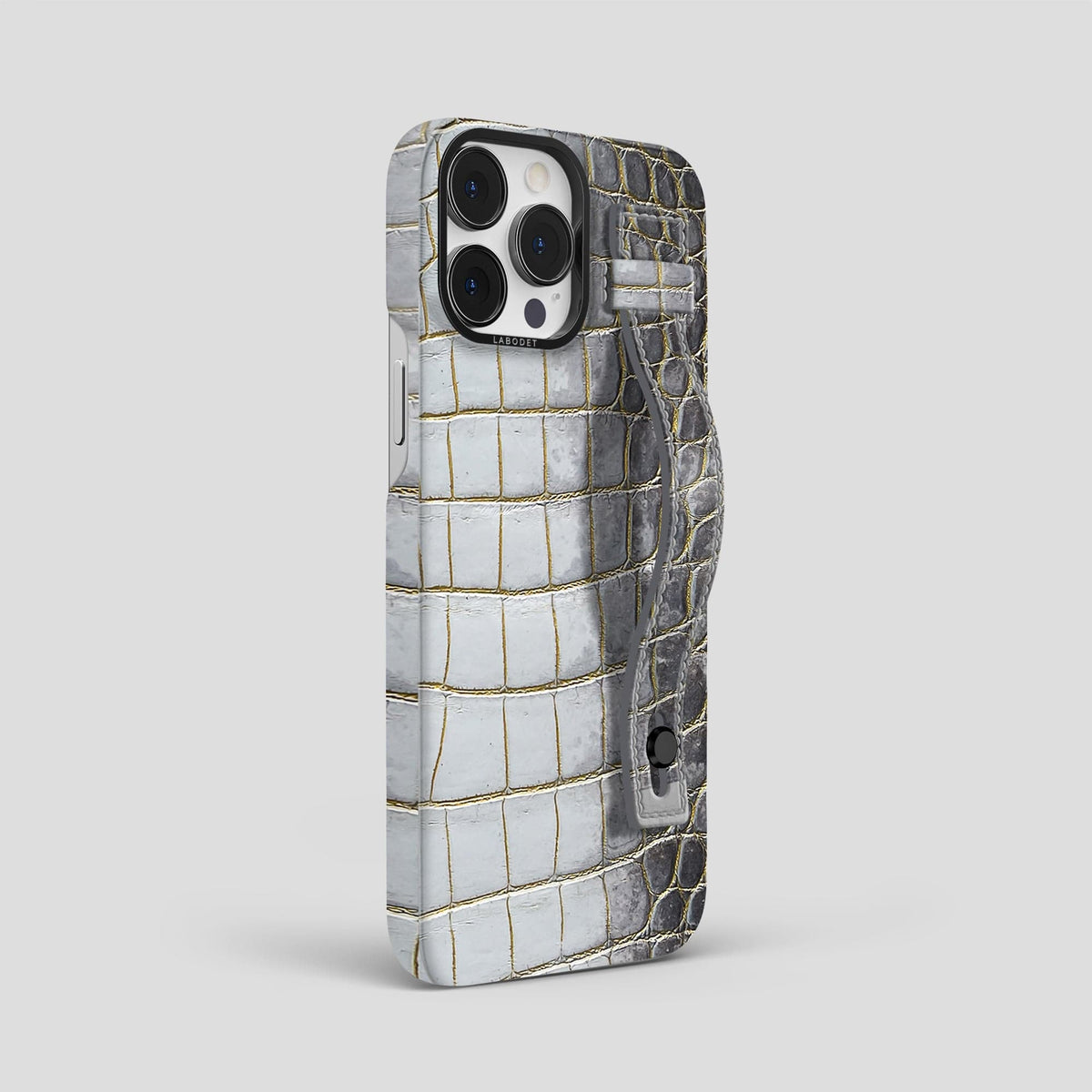 Gold iPhone 15 Pro Max Hand Strap Case Himalayan Crocodile with Black Metal -2 | Gold-Black