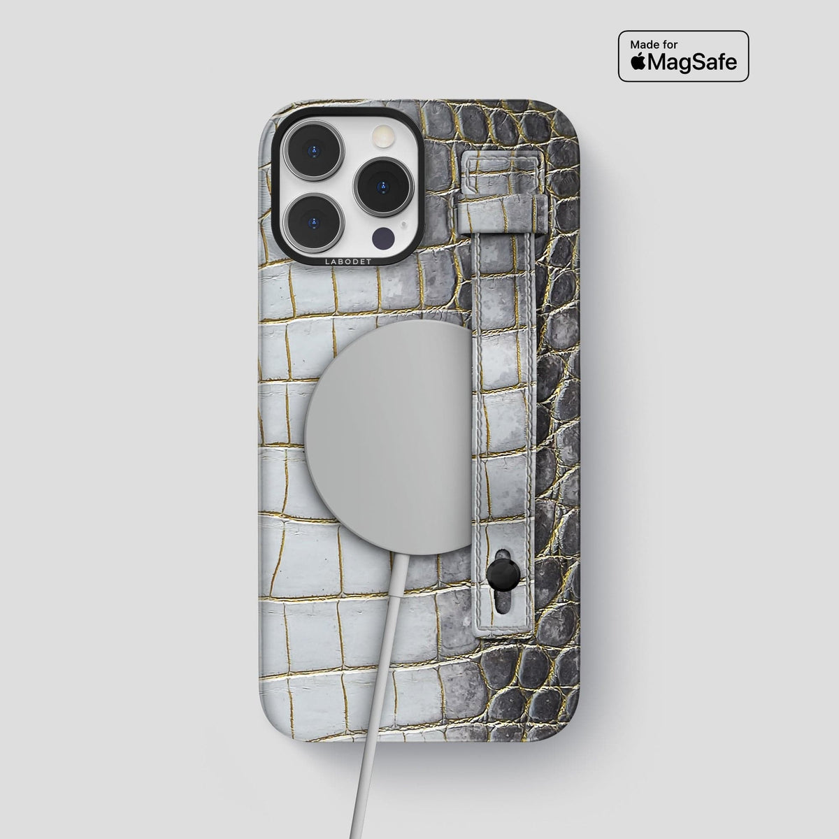 Gold iPhone 15 Pro Max Hand Strap Case Himalayan Crocodile with Black Metal -4 | Gold-Black