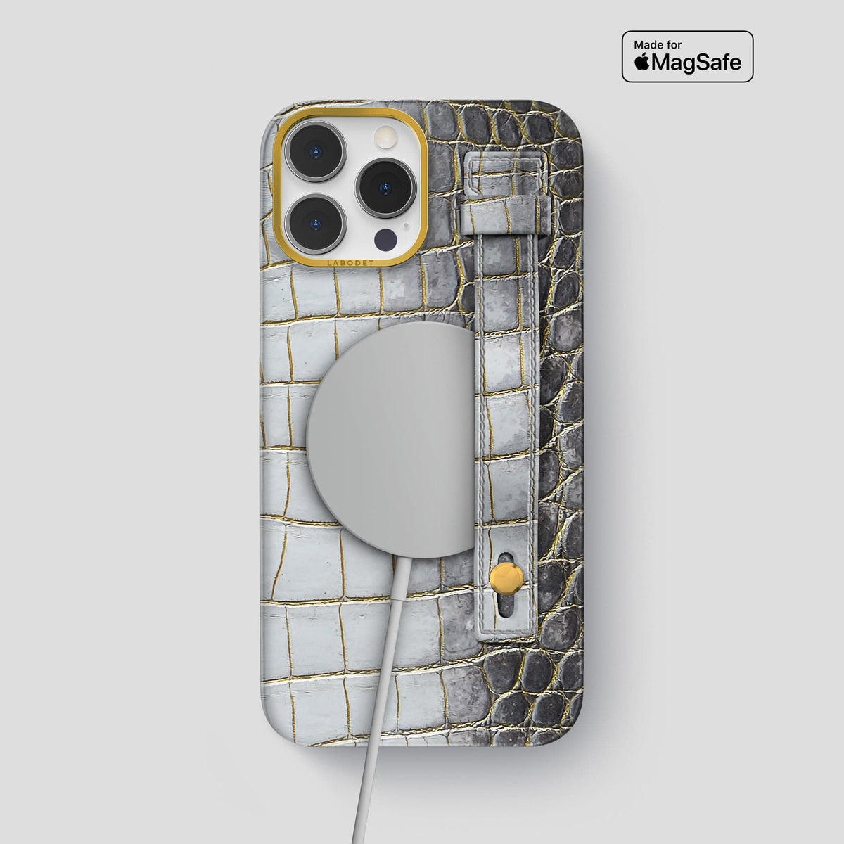 Gold iPhone 15 Pro Max Hand Strap Case Himalayan Crocodile with Gold Metal -4 | Gold-Gold