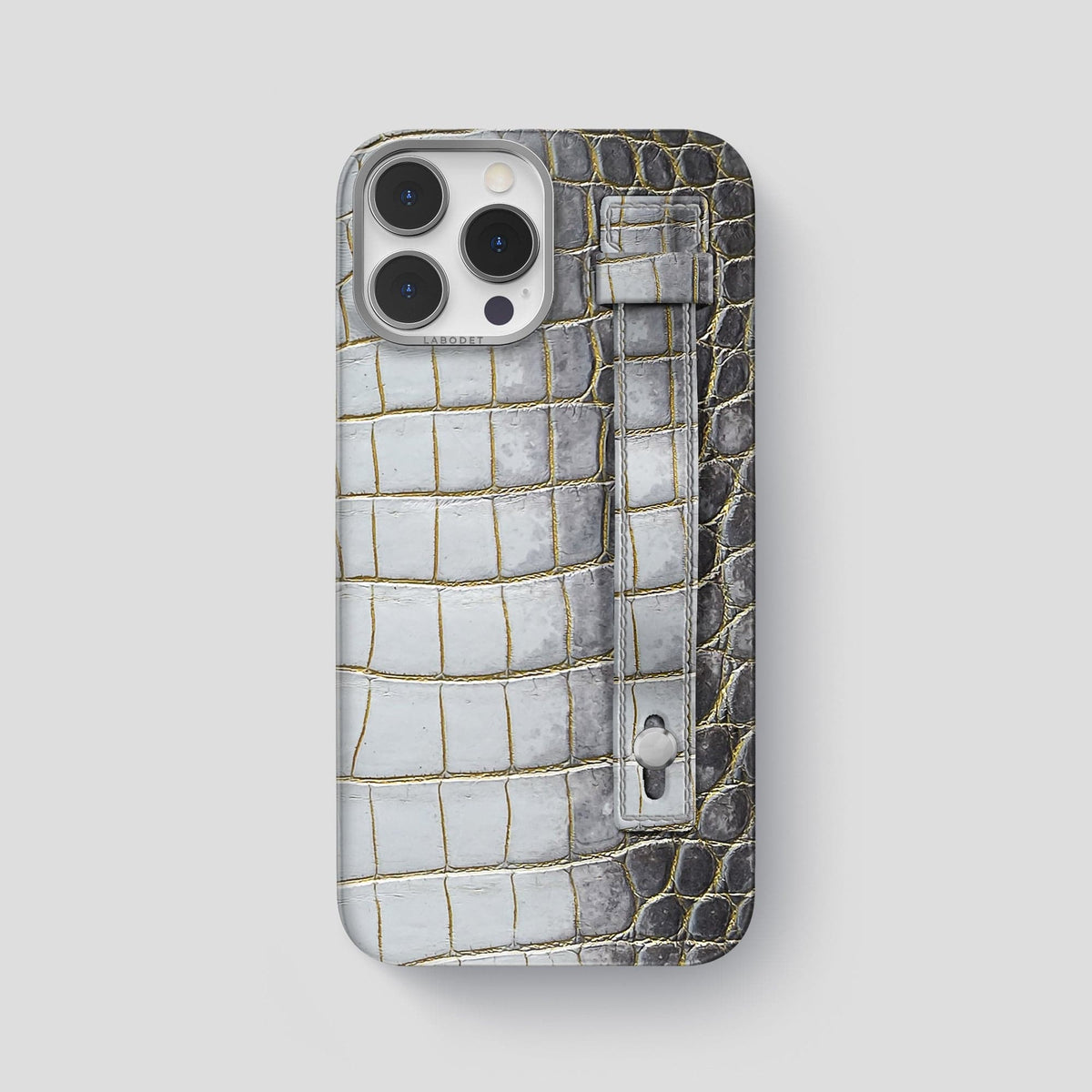 Gold iPhone 15 Pro Max Hand Strap Case Himalayan Crocodile with Steel Metal -1 | Gold-Steel