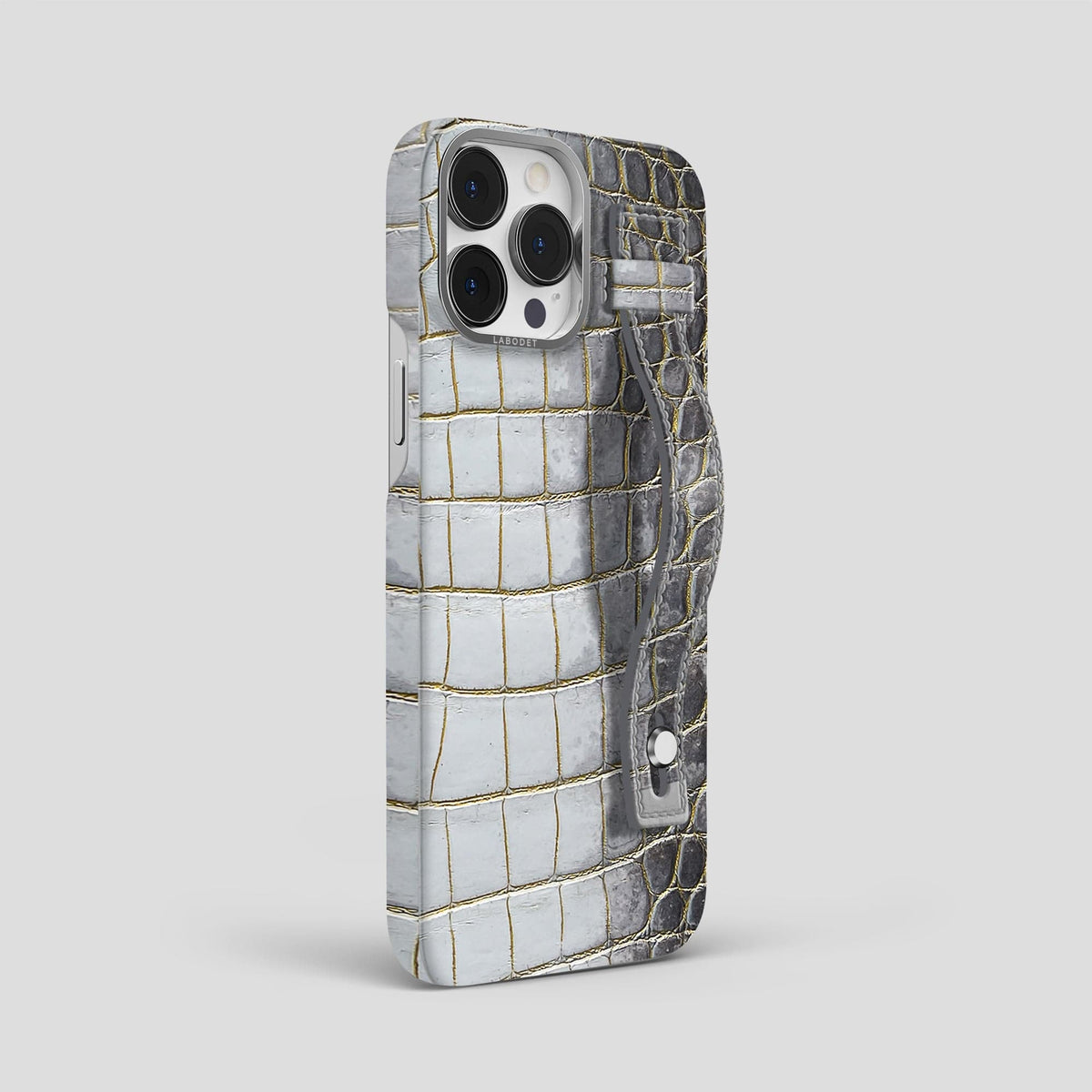 Gold iPhone 15 Pro Max Hand Strap Case Himalayan Crocodile with Steel Metal -2 | Gold-Steel
