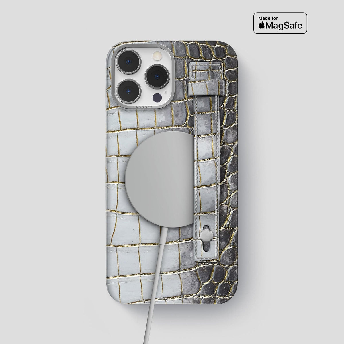 Gold iPhone 15 Pro Max Hand Strap Case Himalayan Crocodile with Steel Metal -4 | Gold-Steel