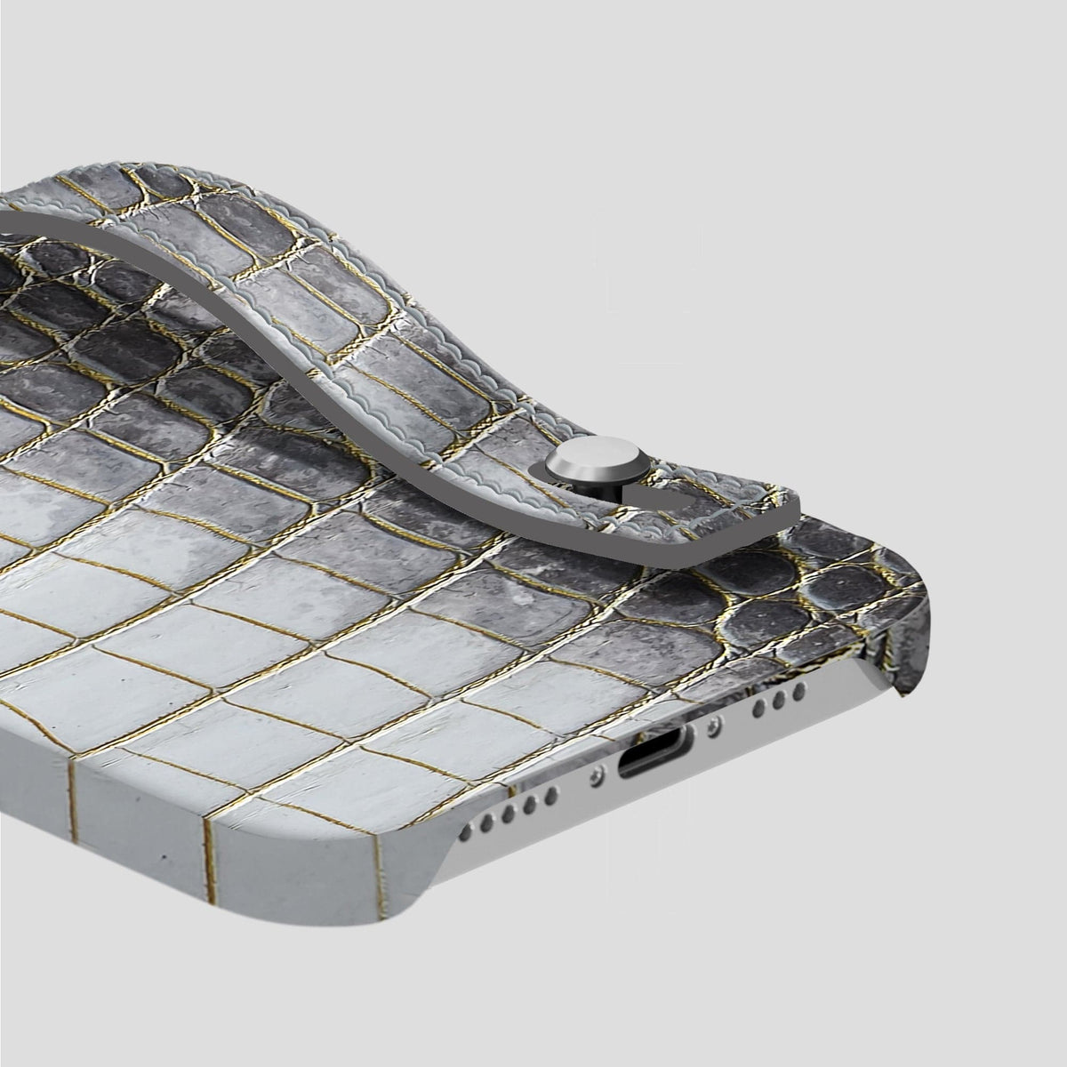 Gold iPhone 15 Pro Max Hand Strap Case Himalayan Crocodile with Steel Metal -5 | Gold-Steel