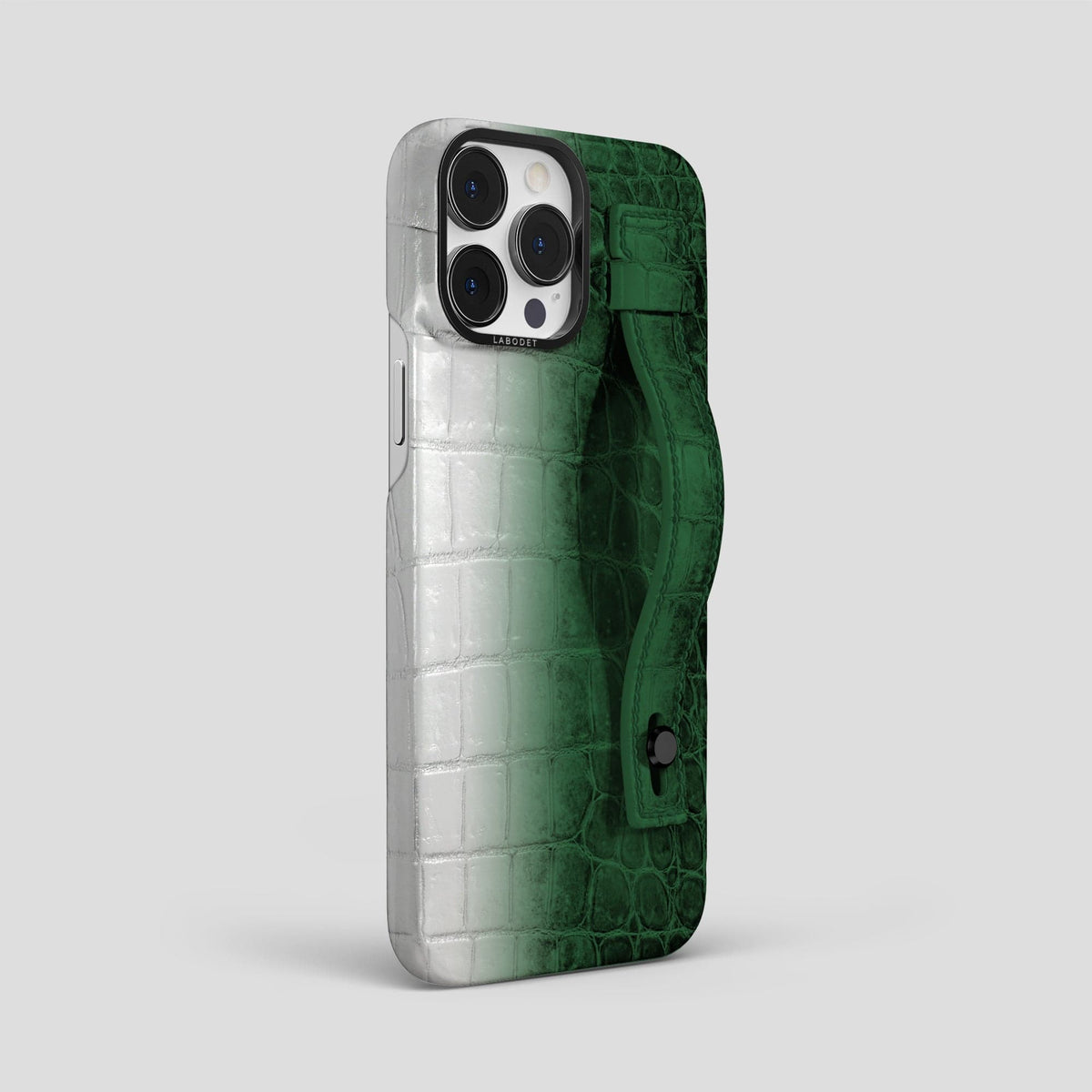 Green iPhone 15 Pro Max Hand Strap Case Himalayan Crocodile with Black Metal -2 | Green-Black