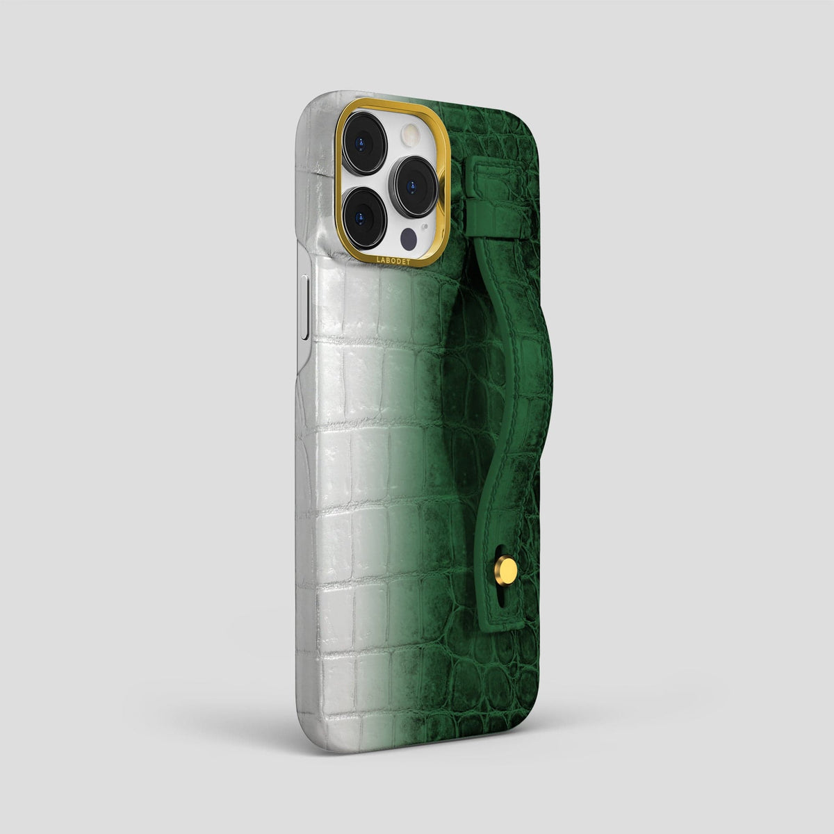 Green iPhone 15 Pro Max Hand Strap Case Himalayan Crocodile with Gold Metal -2 | Green-Gold