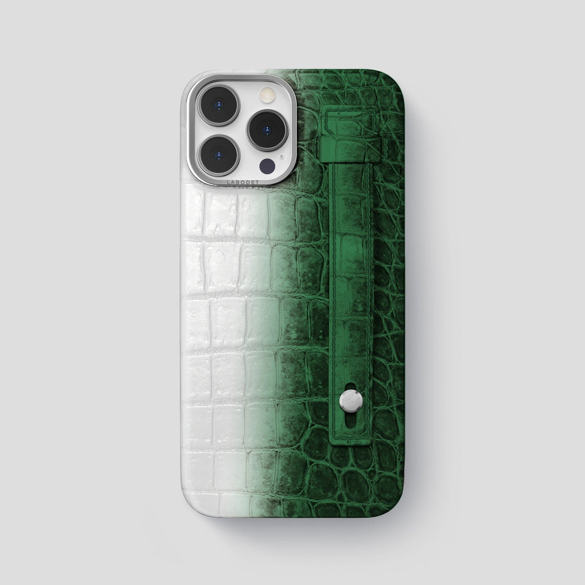 Green iPhone 15 Pro Max Hand Strap Case Himalayan Crocodile with Steel Metal -1 | Green-Steel