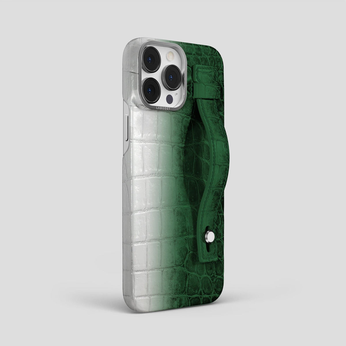 Green iPhone 15 Pro Max Hand Strap Case Himalayan Crocodile with Steel Metal -2 | Green-Steel
