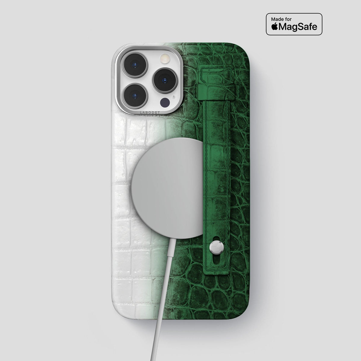Green iPhone 15 Pro Max Hand Strap Case Himalayan Crocodile with Steel Metal -4 | Green-Steel