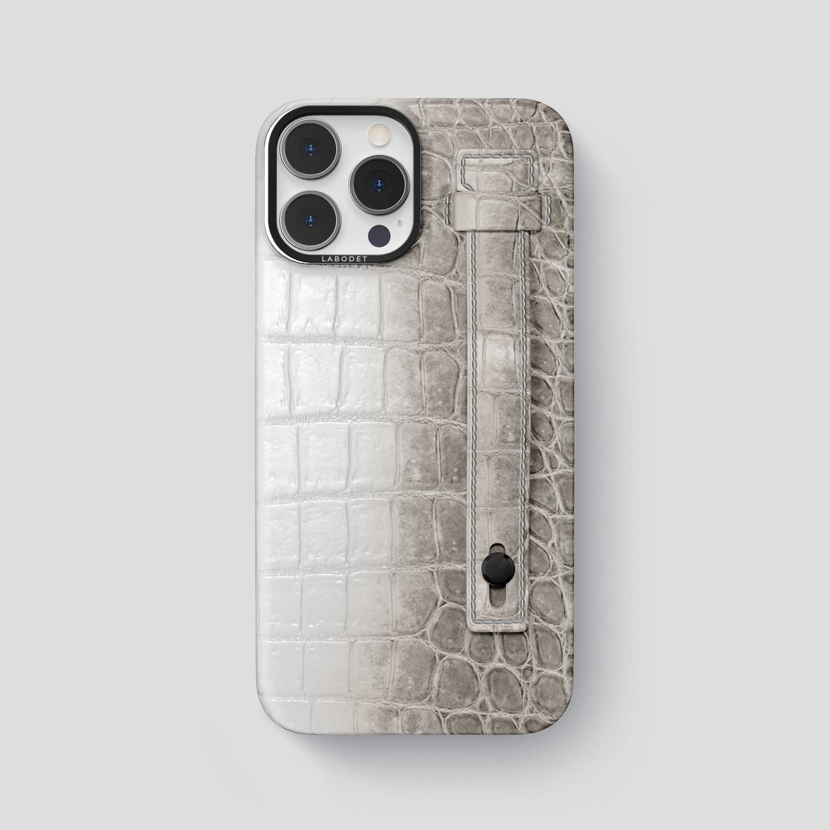 Grey iPhone 15 Pro Max Hand Strap Case Himalayan Crocodile with Black Metal -1 | Grey-Black