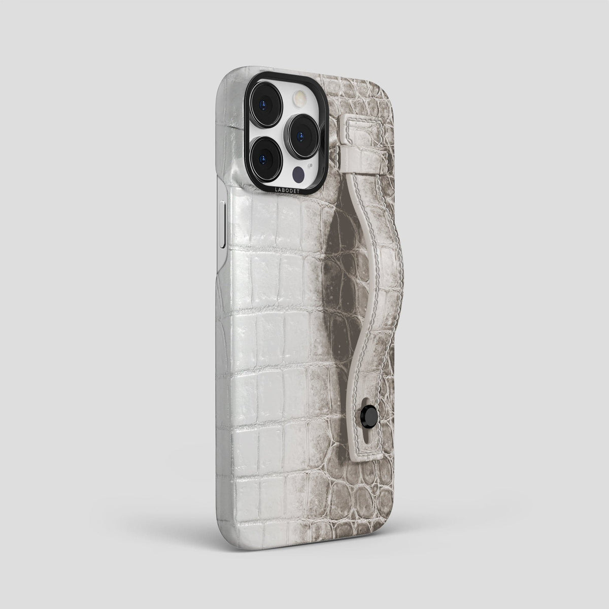 Grey iPhone 15 Pro Max Hand Strap Case Himalayan Crocodile with Black Metal -2 | Grey-Black