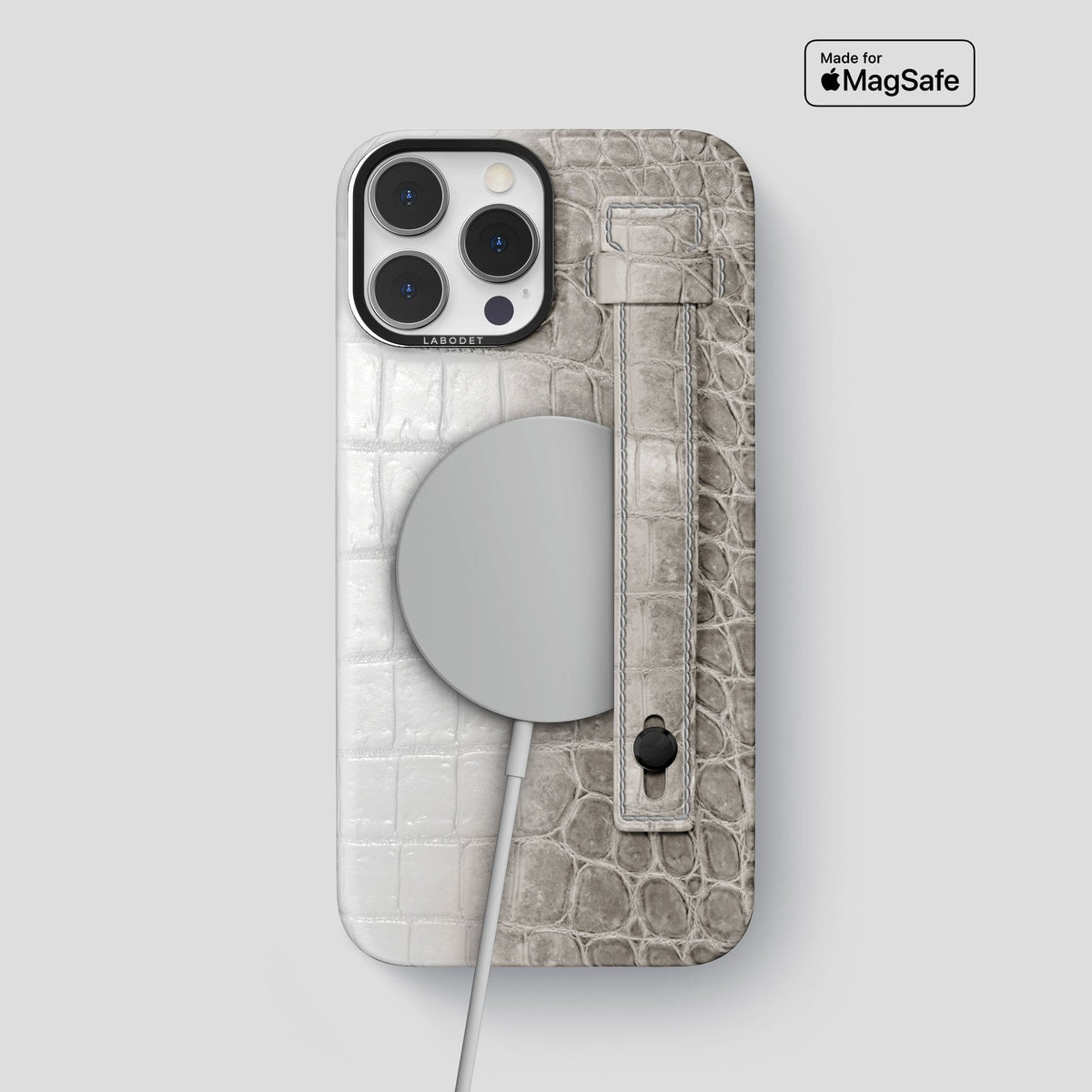Grey iPhone 15 Pro Max Hand Strap Case Himalayan Crocodile with Black Metal -4 | Grey-Black