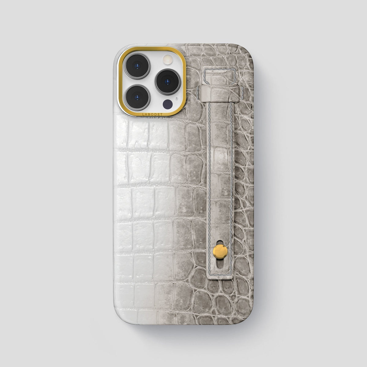 Grey iPhone 15 Pro Max Hand Strap Case Himalayan Crocodile with Gold Metal -1 | Grey-Gold
