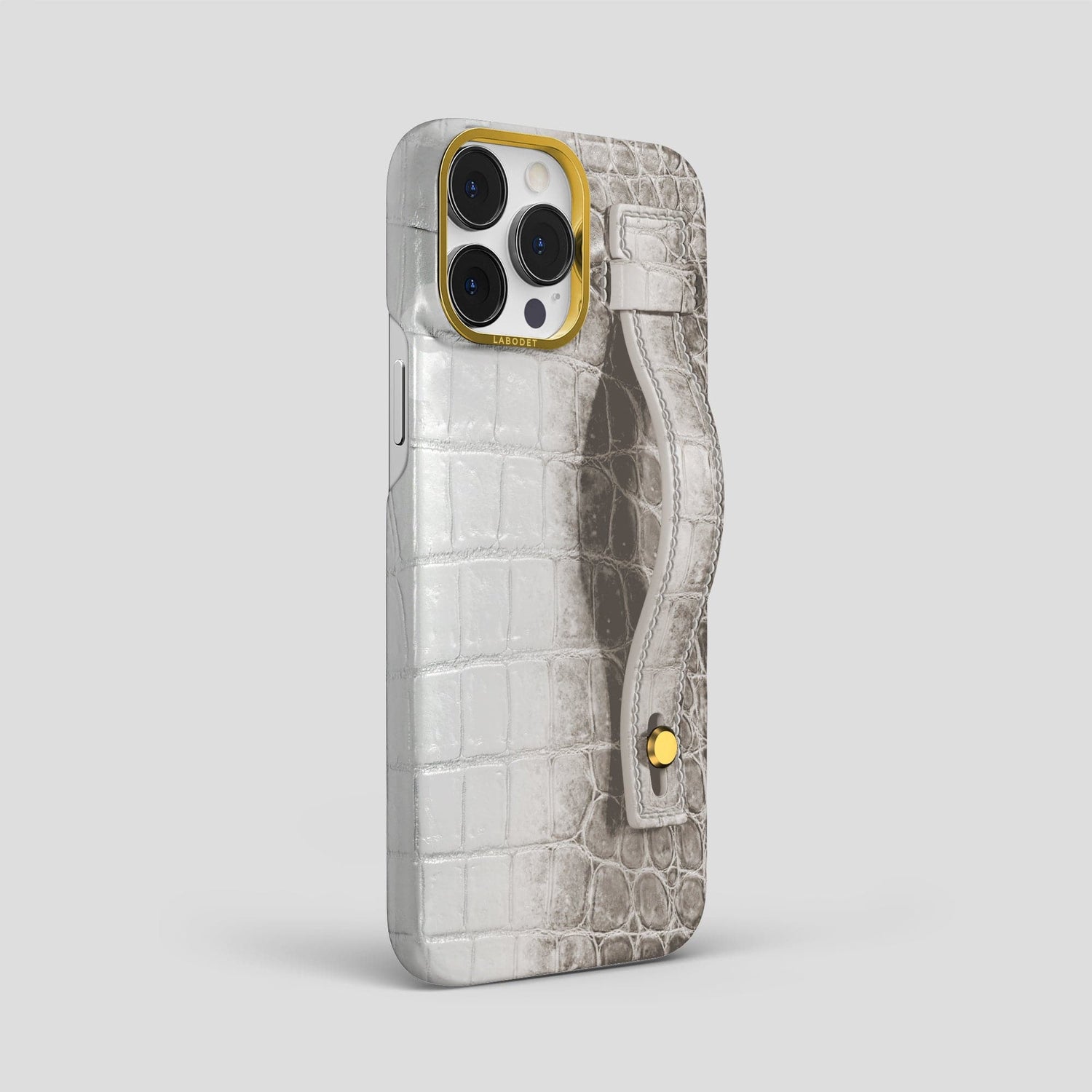 Grey iPhone 15 Pro Max Hand Strap Case Himalayan Crocodile with Gold Metal -2 | Grey-Gold