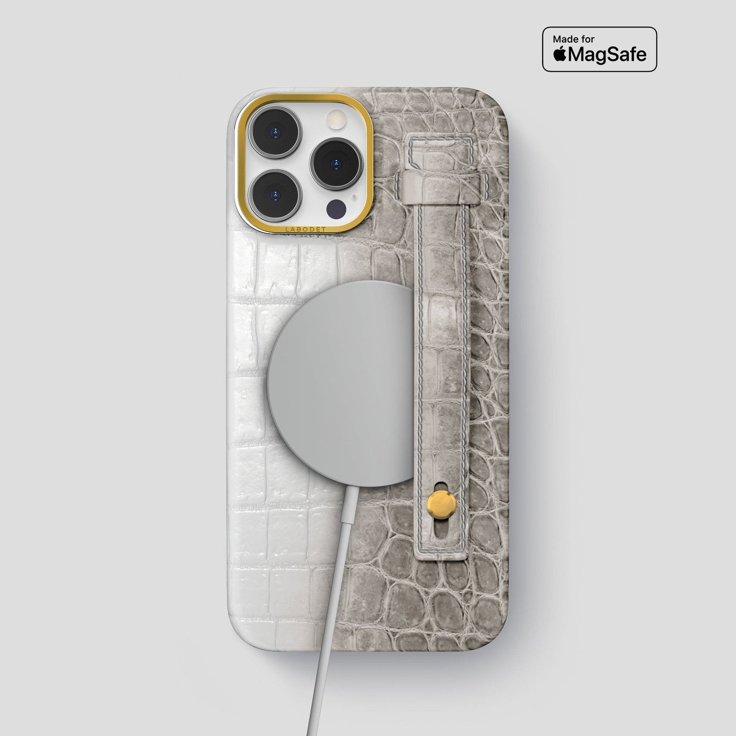 Grey iPhone 15 Pro Max Hand Strap Case Himalayan Crocodile with Gold Metal -4 | Grey-Gold