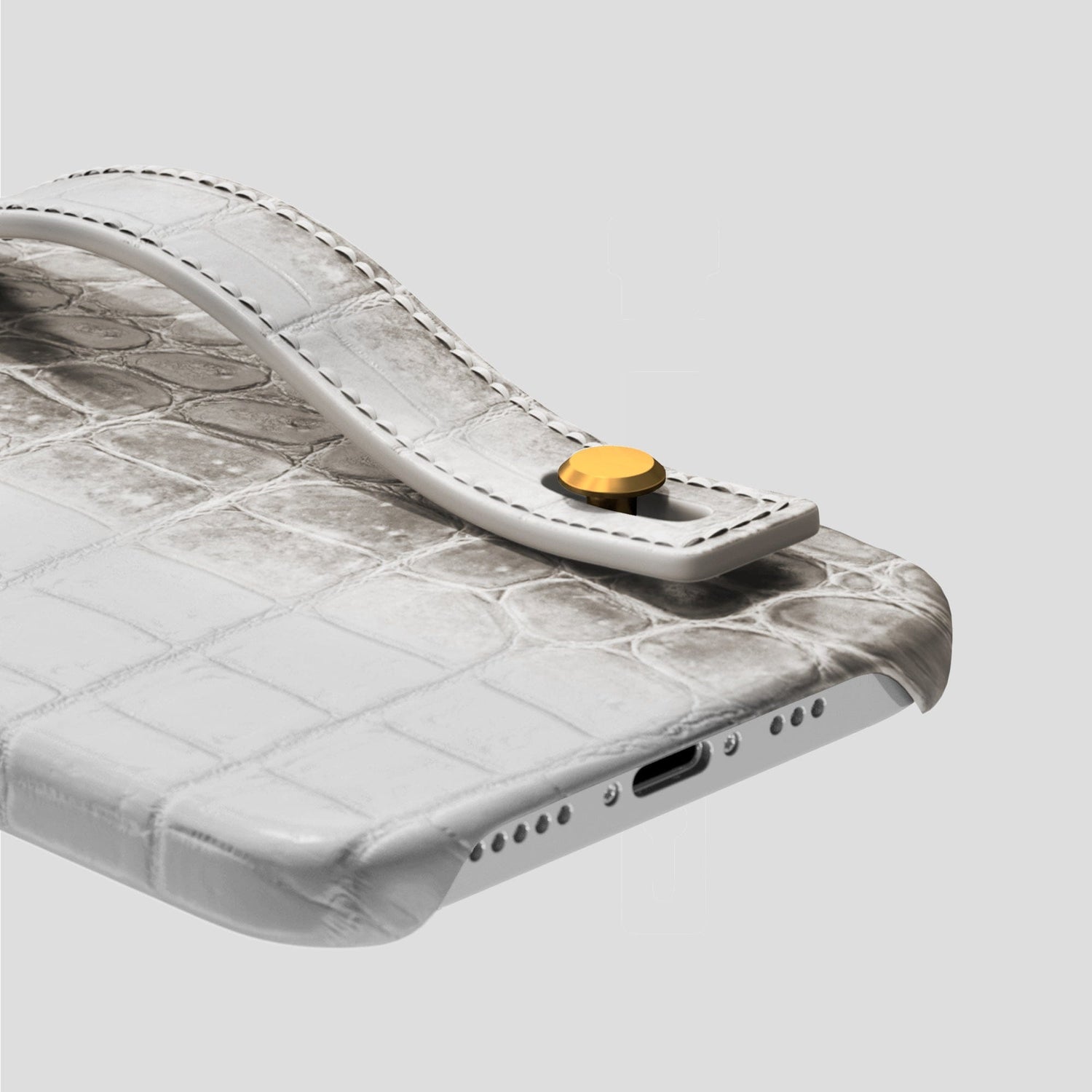 Grey iPhone 15 Pro Max Hand Strap Case Himalayan Crocodile with Gold Metal -5 | Grey-Gold