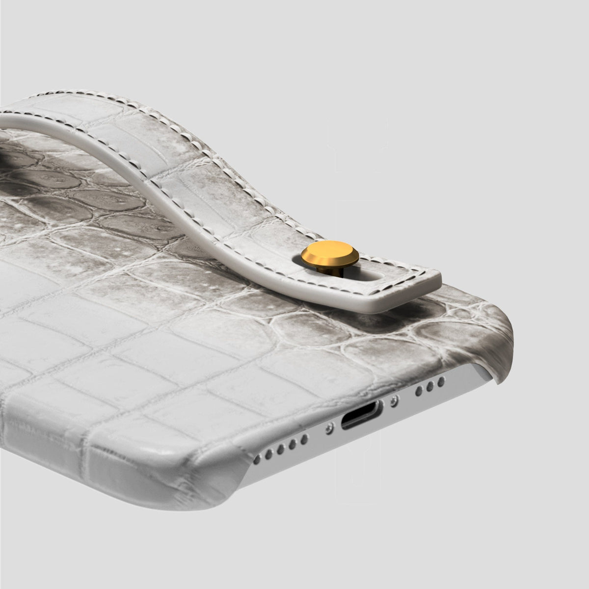Grey iPhone 15 Pro Max Hand Strap Case Himalayan Crocodile with Gold Metal -5 | Grey-Gold