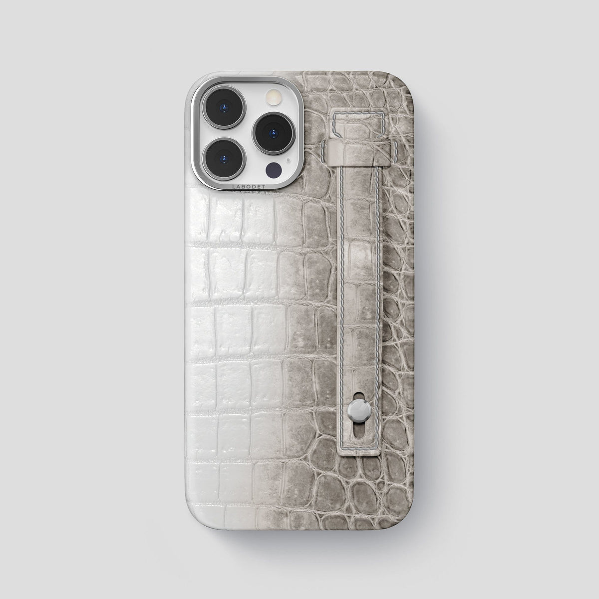 Grey iPhone 15 Pro Max Hand Strap Case Himalayan Crocodile with Steel Metal -1 | Grey-Steel