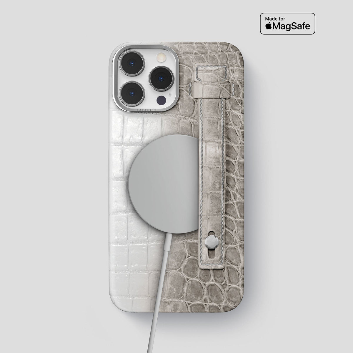 Grey iPhone 15 Pro Max Hand Strap Case Himalayan Crocodile with Steel Metal -4 | Grey-Steel