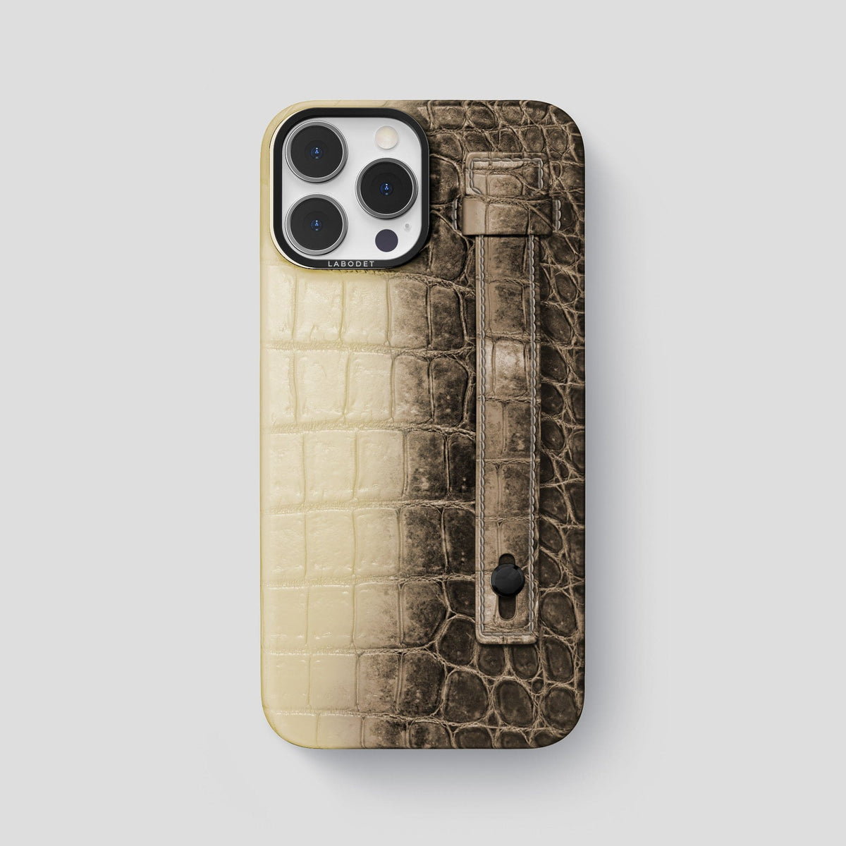 Natural iPhone 15 Pro Max Hand Strap Case Himalayan Crocodile with Black Metal -1 | Natural-Black