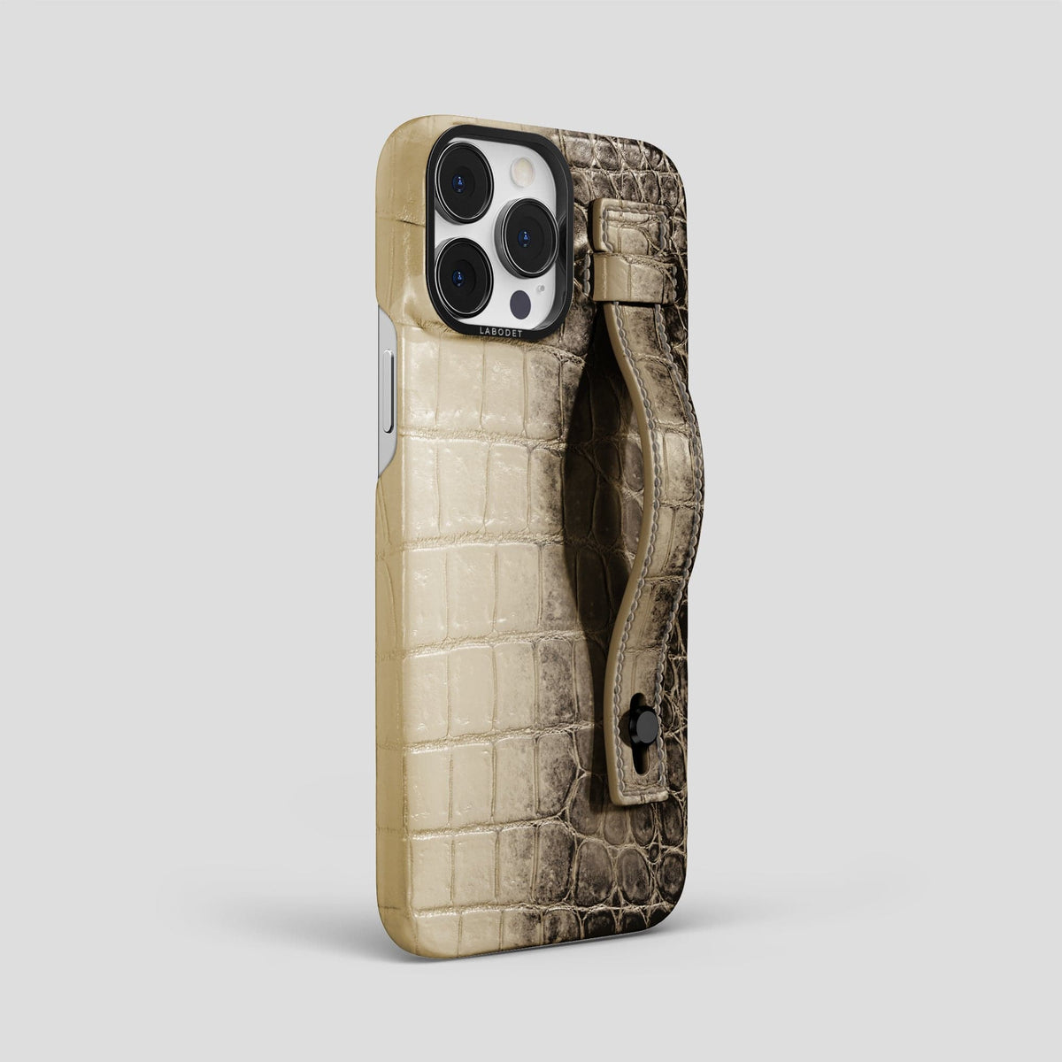 Natural iPhone 15 Pro Max Hand Strap Case Himalayan Crocodile with Black Metal -2 | Natural-Black