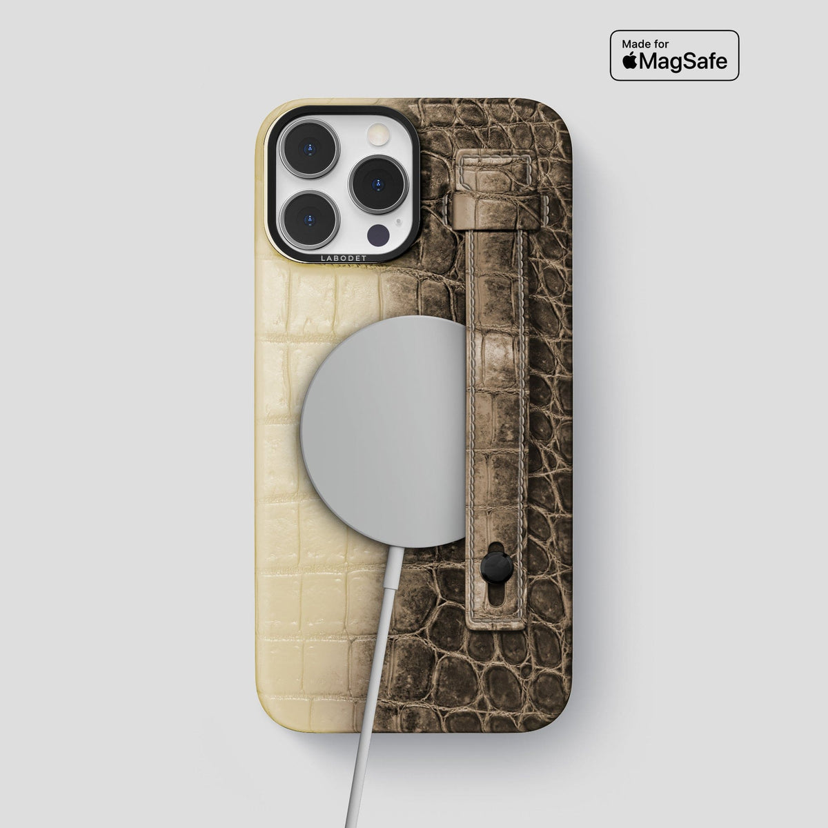 Natural iPhone 15 Pro Max Hand Strap Case Himalayan Crocodile with Black Metal -4 | Natural-Black