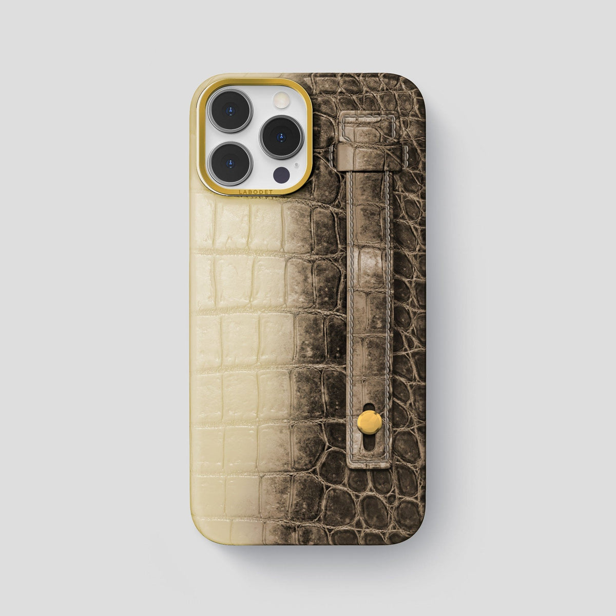 Natural iPhone 15 Pro Max Hand Strap Case Himalayan Crocodile with Gold Metal -1 | Natural-Gold