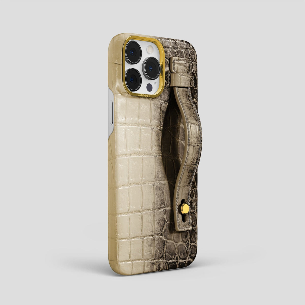Natural iPhone 15 Pro Max Hand Strap Case Himalayan Crocodile with Gold Metal -2 | Natural-Gold