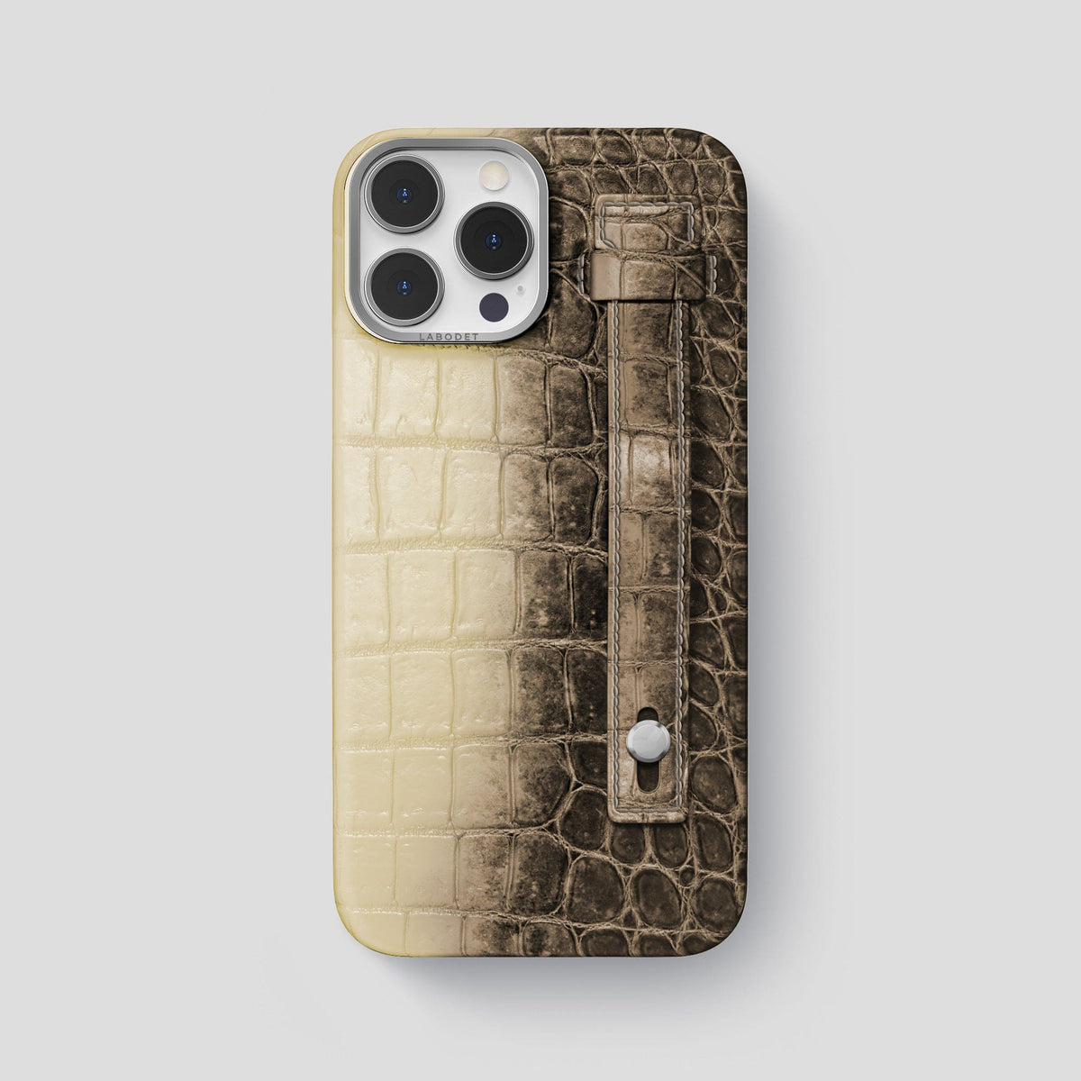 Natural iPhone 15 Pro Max Hand Strap Case Himalayan Crocodile with Steel Metal -1 | Natural-Steel