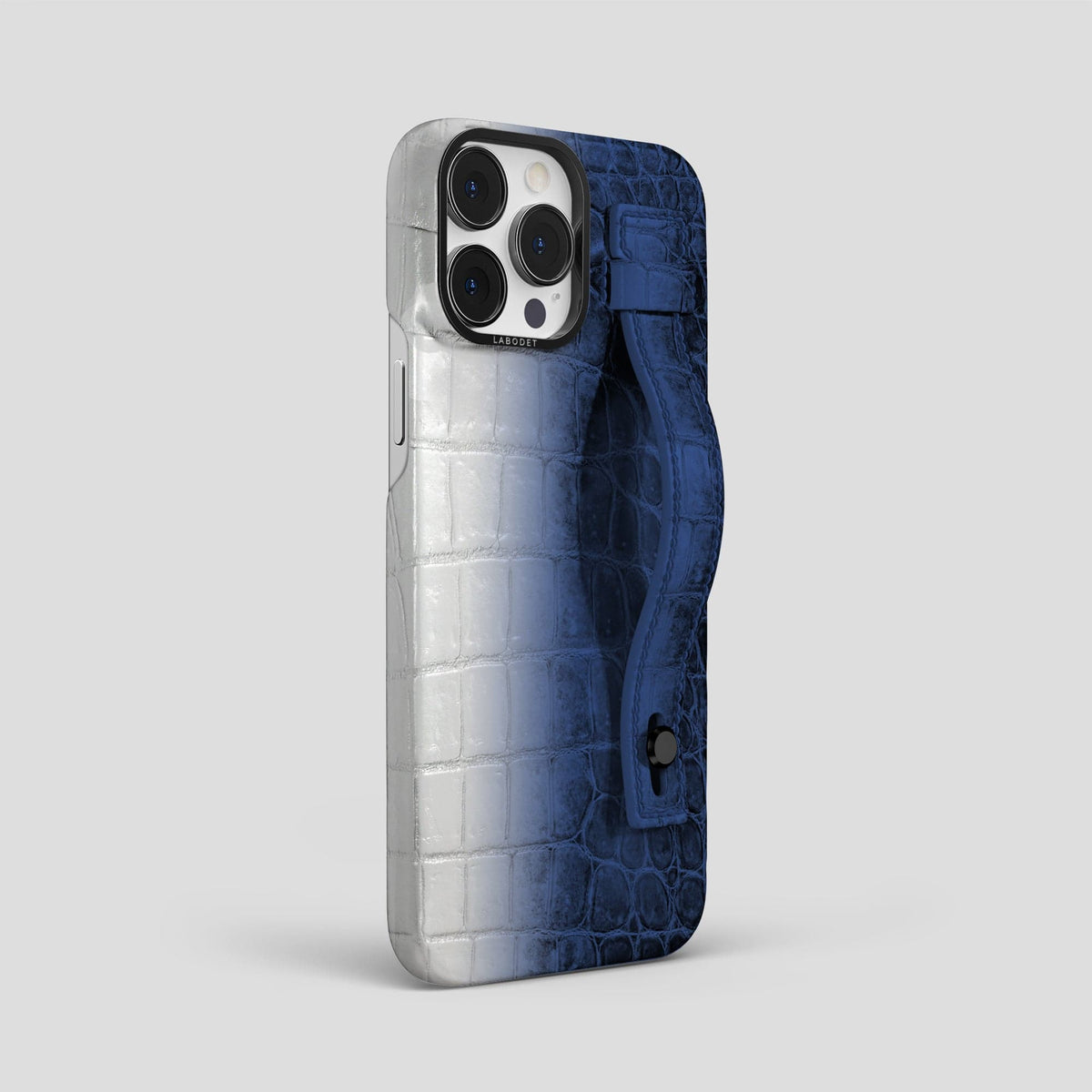 Navy Blue iPhone 15 Pro Max Hand Strap Case Himalayan Crocodile with Black Metal -2 | Navy-Blue-Black