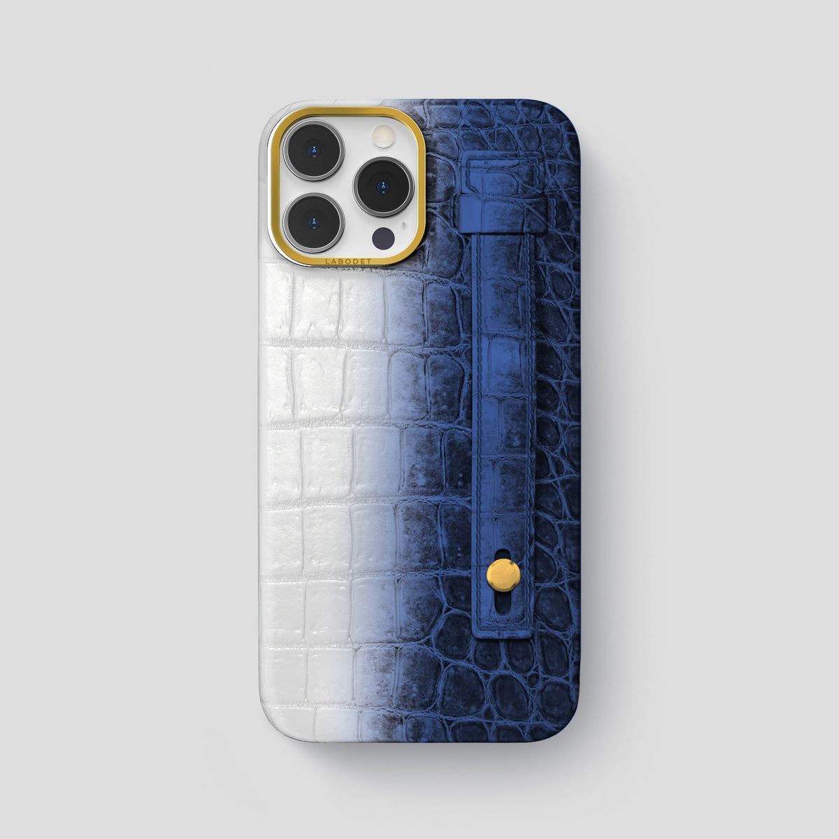 Navy Blue iPhone 15 Pro Max Hand Strap Case Himalayan Crocodile with Gold Metal -1 | Navy-Blue-Gold
