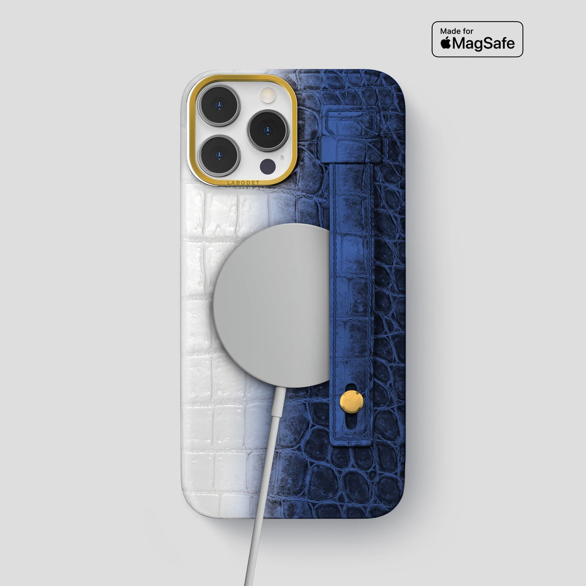 Navy Blue iPhone 15 Pro Max Hand Strap Case Himalayan Crocodile with Gold Metal -4 | Navy-Blue-Gold