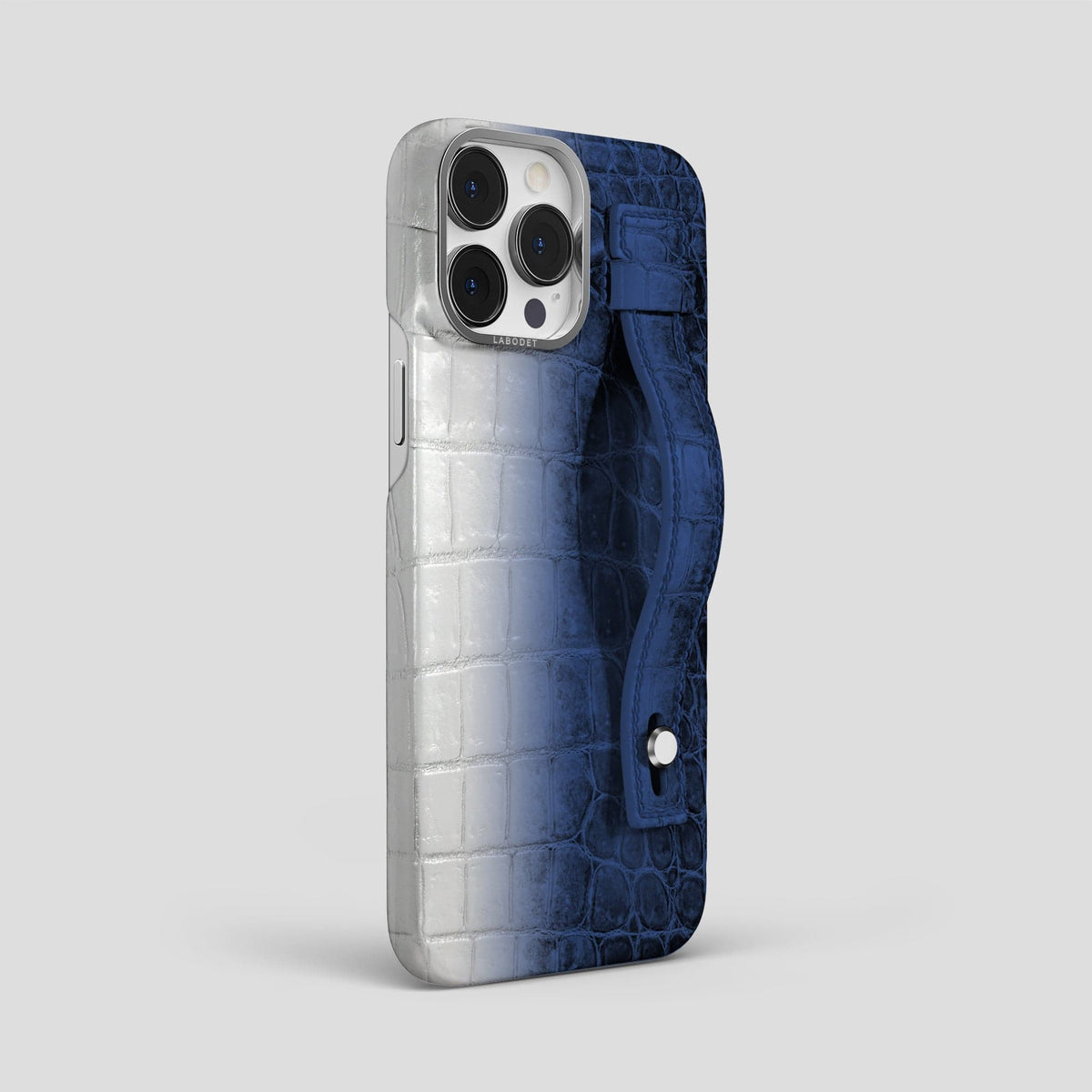 Navy Blue iPhone 15 Pro Max Hand Strap Case Himalayan Crocodile with Steel Metal -2 | Navy-Blue-Steel