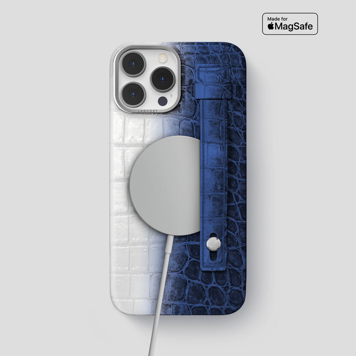 Navy Blue iPhone 15 Pro Max Hand Strap Case Himalayan Crocodile with Steel Metal -4 | Navy-Blue-Steel