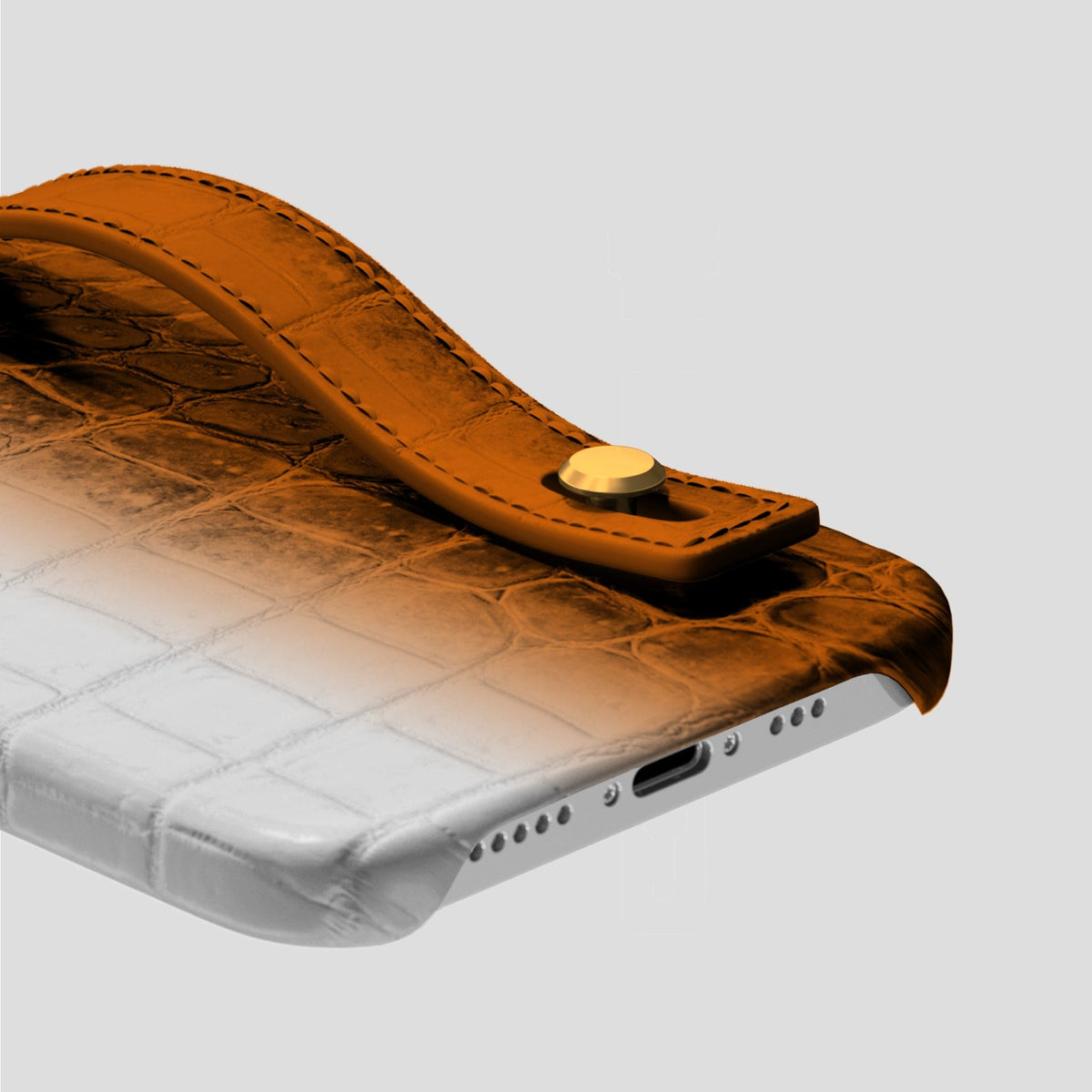 Orange iPhone 15 Pro Max Hand Strap Case Himalayan Crocodile with Gold Metal -5 | Orange-Gold