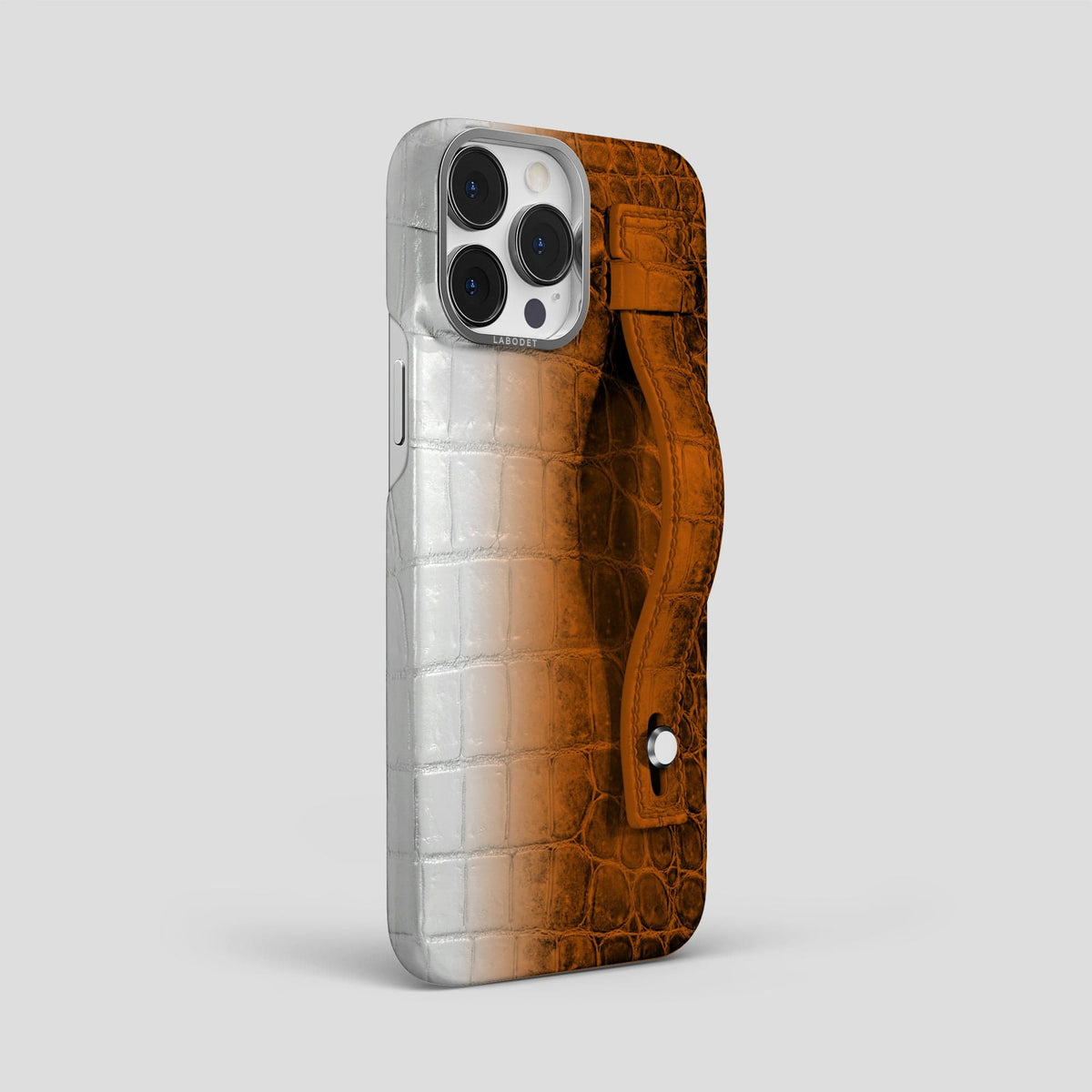 Orange iPhone 15 Pro Max Hand Strap Case Himalayan Crocodile with Steel Metal -2 | Orange-Steel