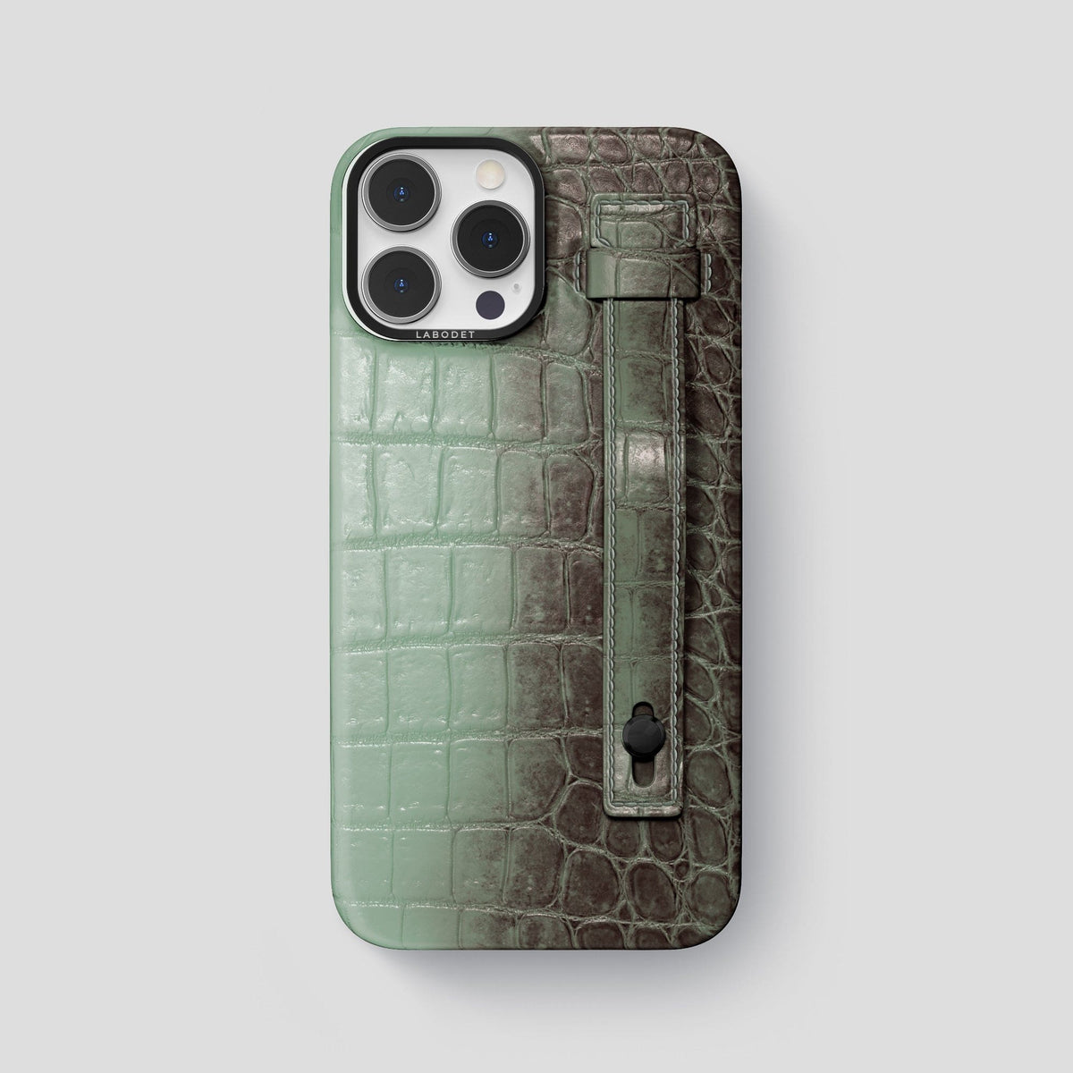Pistachio iPhone 15 Pro Max Hand Strap Case Himalayan Crocodile with Black Metal -1 | Pistachio-Black