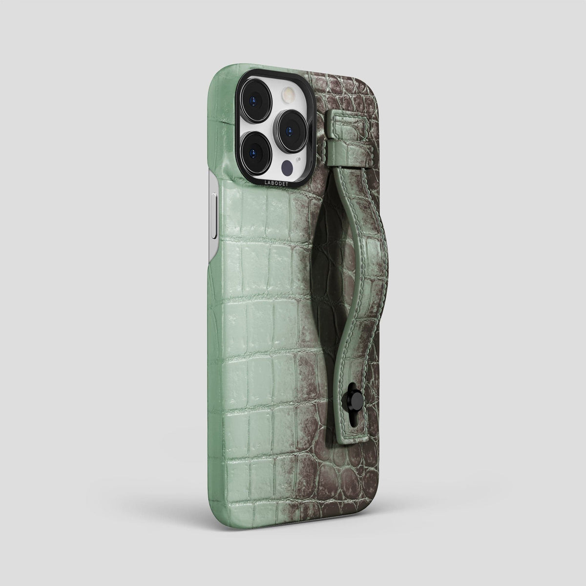 Pistachio iPhone 15 Pro Max Hand Strap Case Himalayan Crocodile with Black Metal -2 | Pistachio-Black