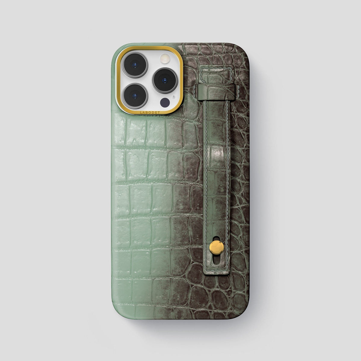 Pistachio iPhone 15 Pro Max Hand Strap Case Himalayan Crocodile with Gold Metal -1 | Pistachio-Gold