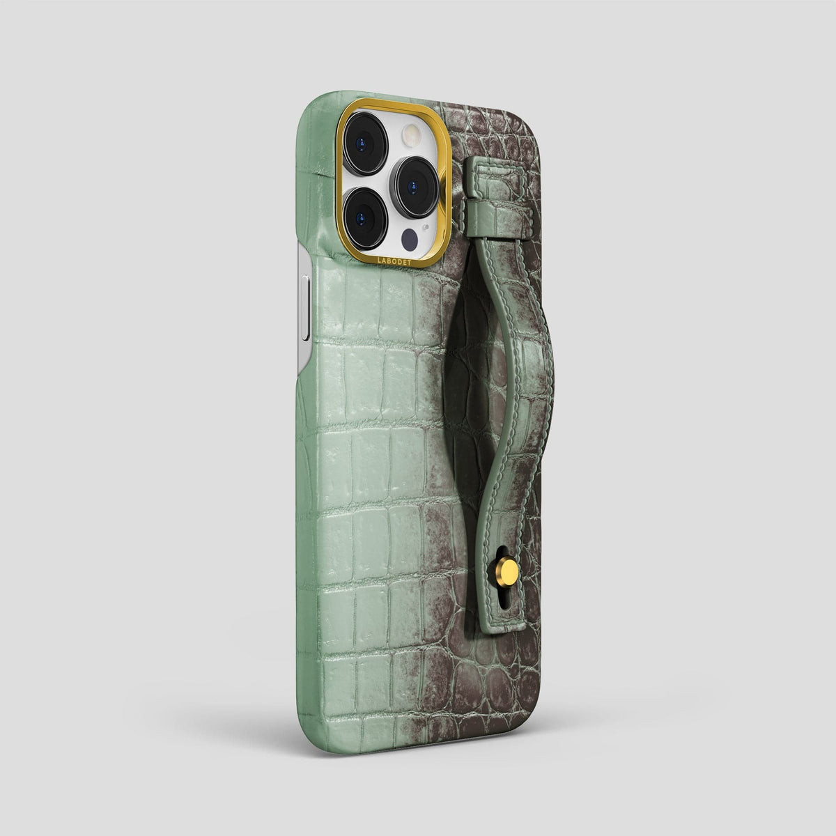 Pistachio iPhone 15 Pro Max Hand Strap Case Himalayan Crocodile with Gold Metal -2 | Pistachio-Gold