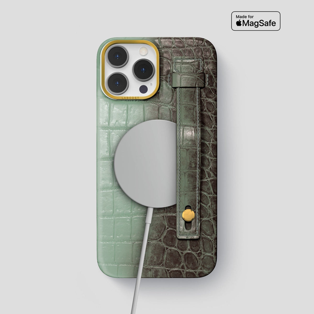 Pistachio iPhone 15 Pro Max Hand Strap Case Himalayan Crocodile with Gold Metal -4 | Pistachio-Gold
