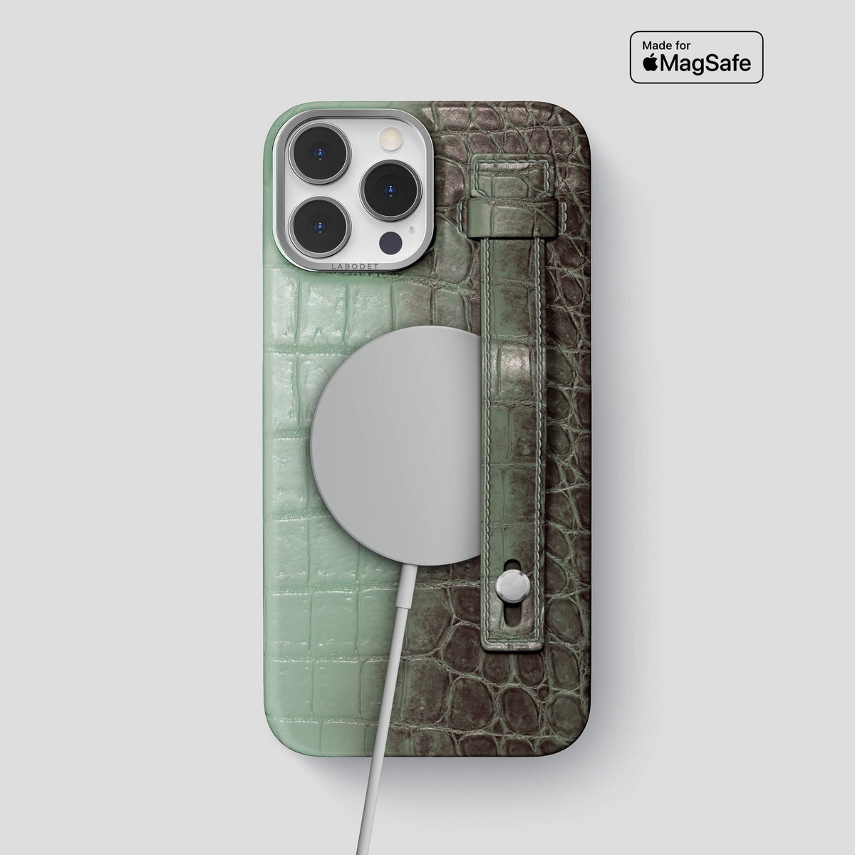 Pistachio iPhone 15 Pro Max Hand Strap Case Himalayan Crocodile with Steel Metal -4 | Pistachio-Steel