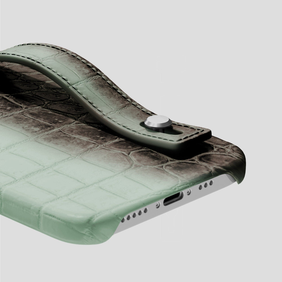 Pistachio iPhone 15 Pro Max Hand Strap Case Himalayan Crocodile with Steel Metal -5 | Pistachio-Steel