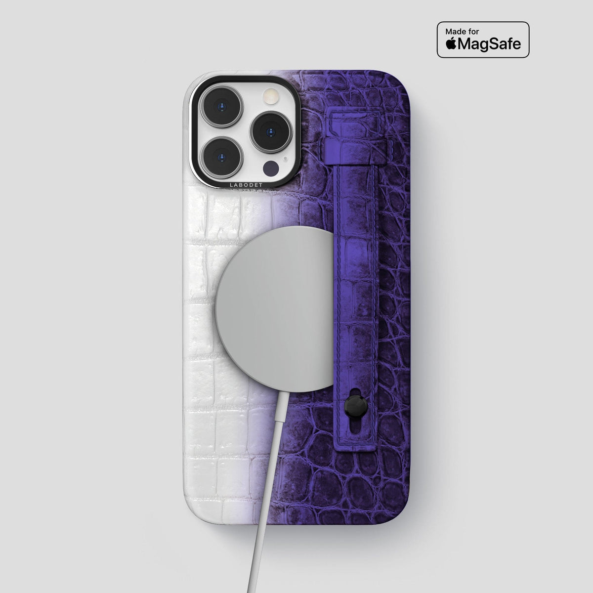 Purple iPhone 15 Pro Max Hand Strap Case Himalayan Crocodile with Black Metal -4 | Purple-Black