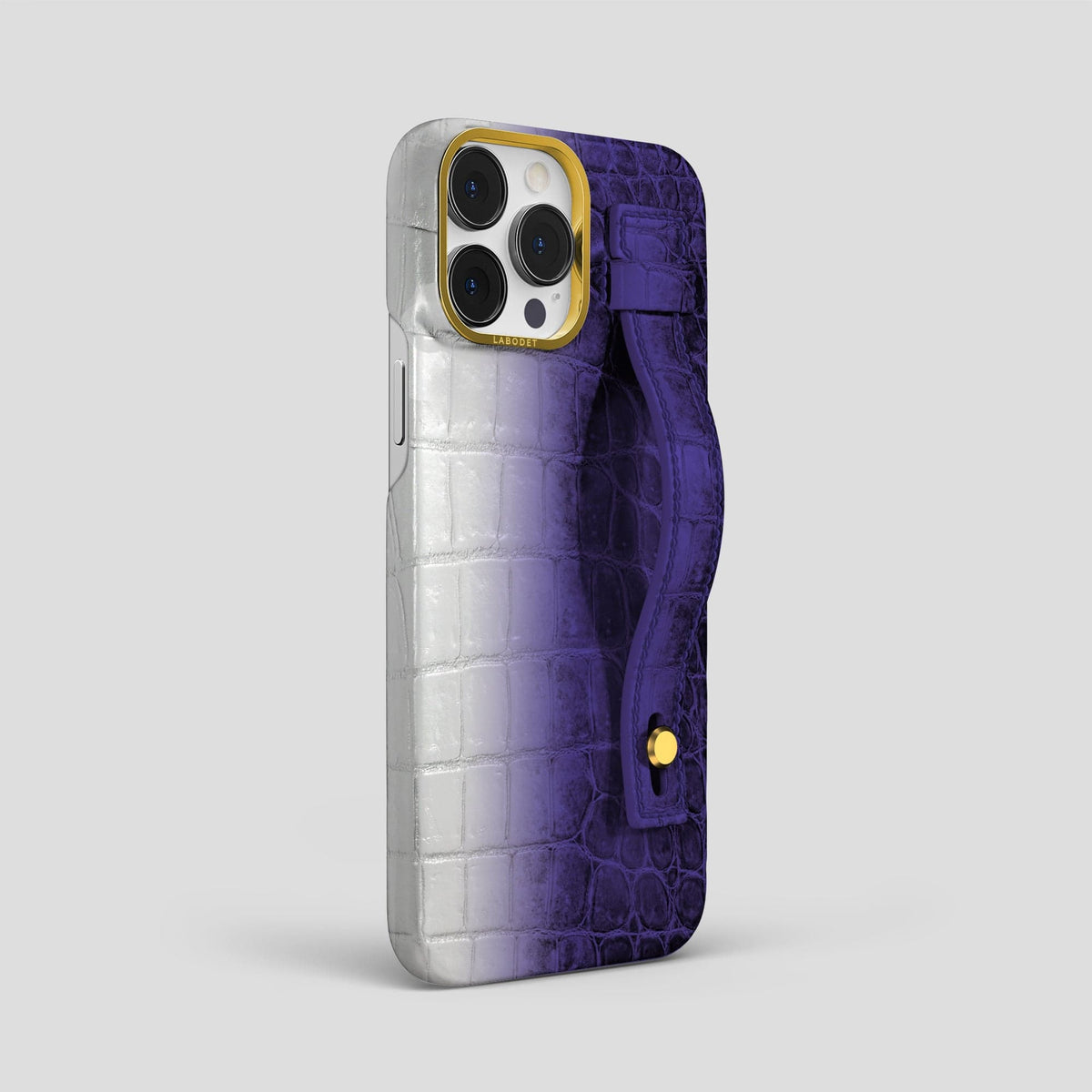 Purple iPhone 15 Pro Max Hand Strap Case Himalayan Crocodile with Gold Metal -2 | Purple-Gold